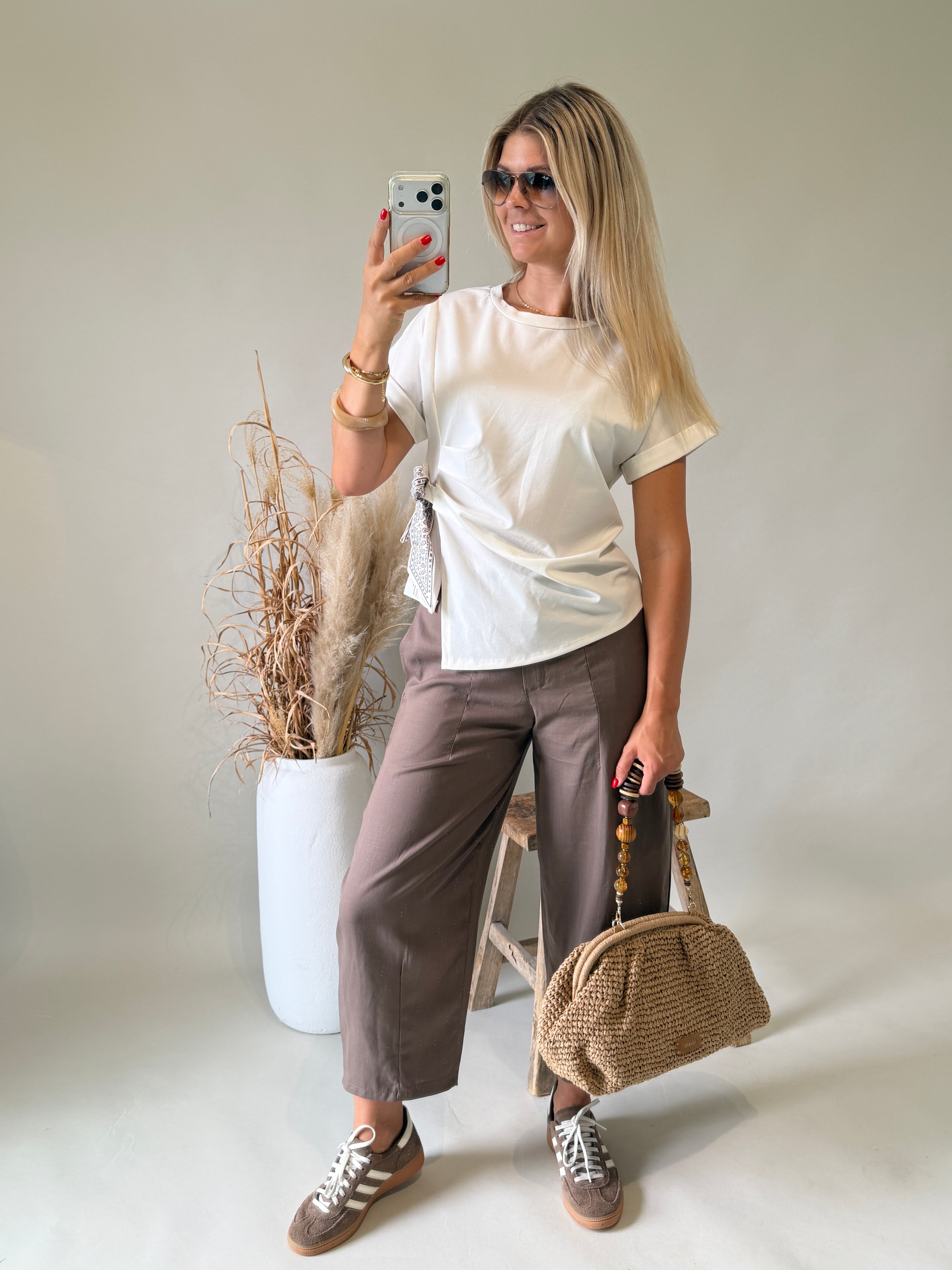 T - Shirt in Wollweiß in Wickeloptik mit Tuch