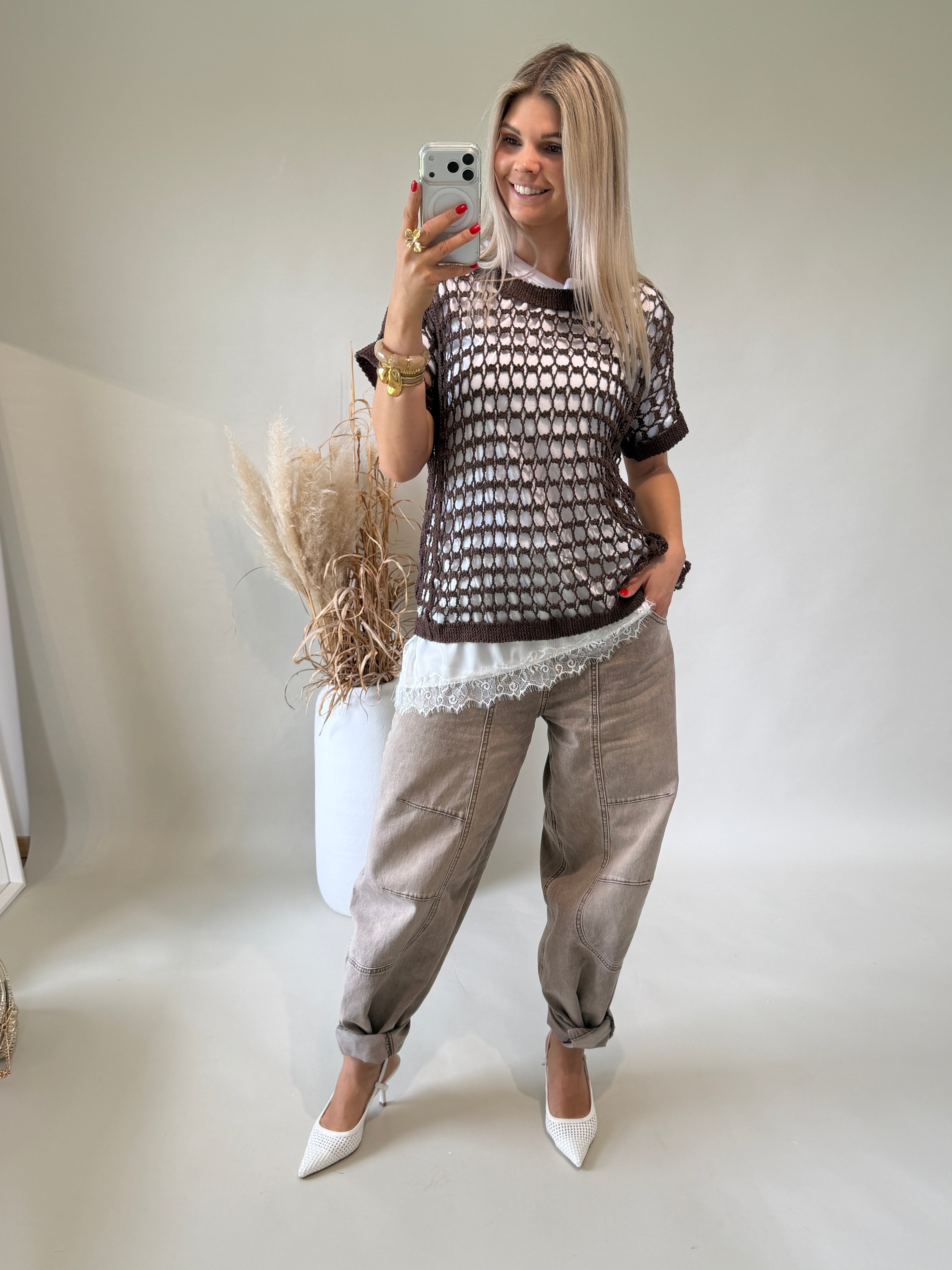 Pullover in Lochoptik in Schokobraun