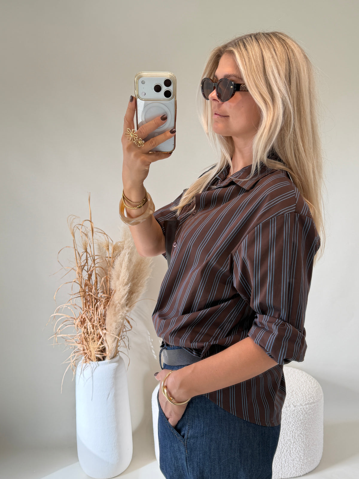 Bluse in Schokobraun / Hellblau gestreift