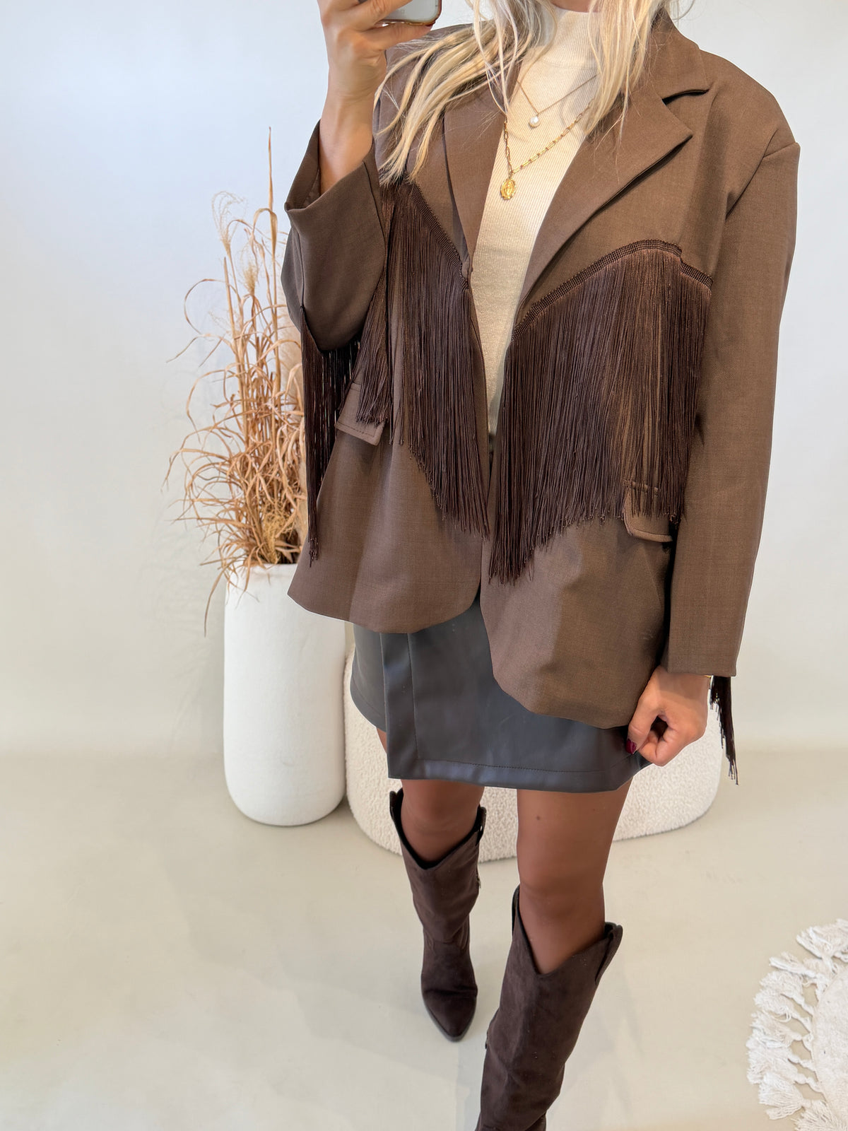 Blazer mit Franzen in Schokobraun