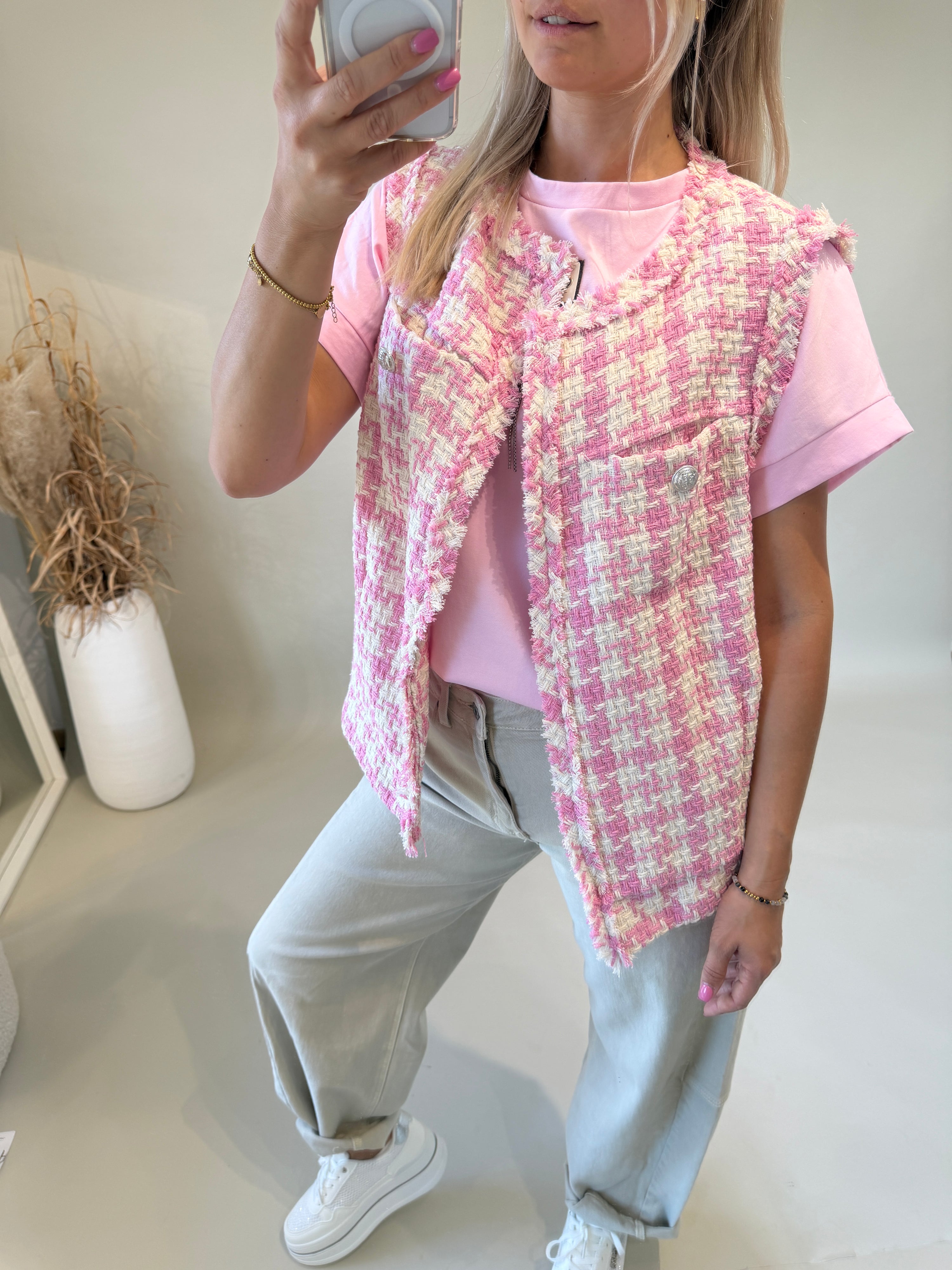 Jacke in Rosa / Beige mit Muster ärmellos