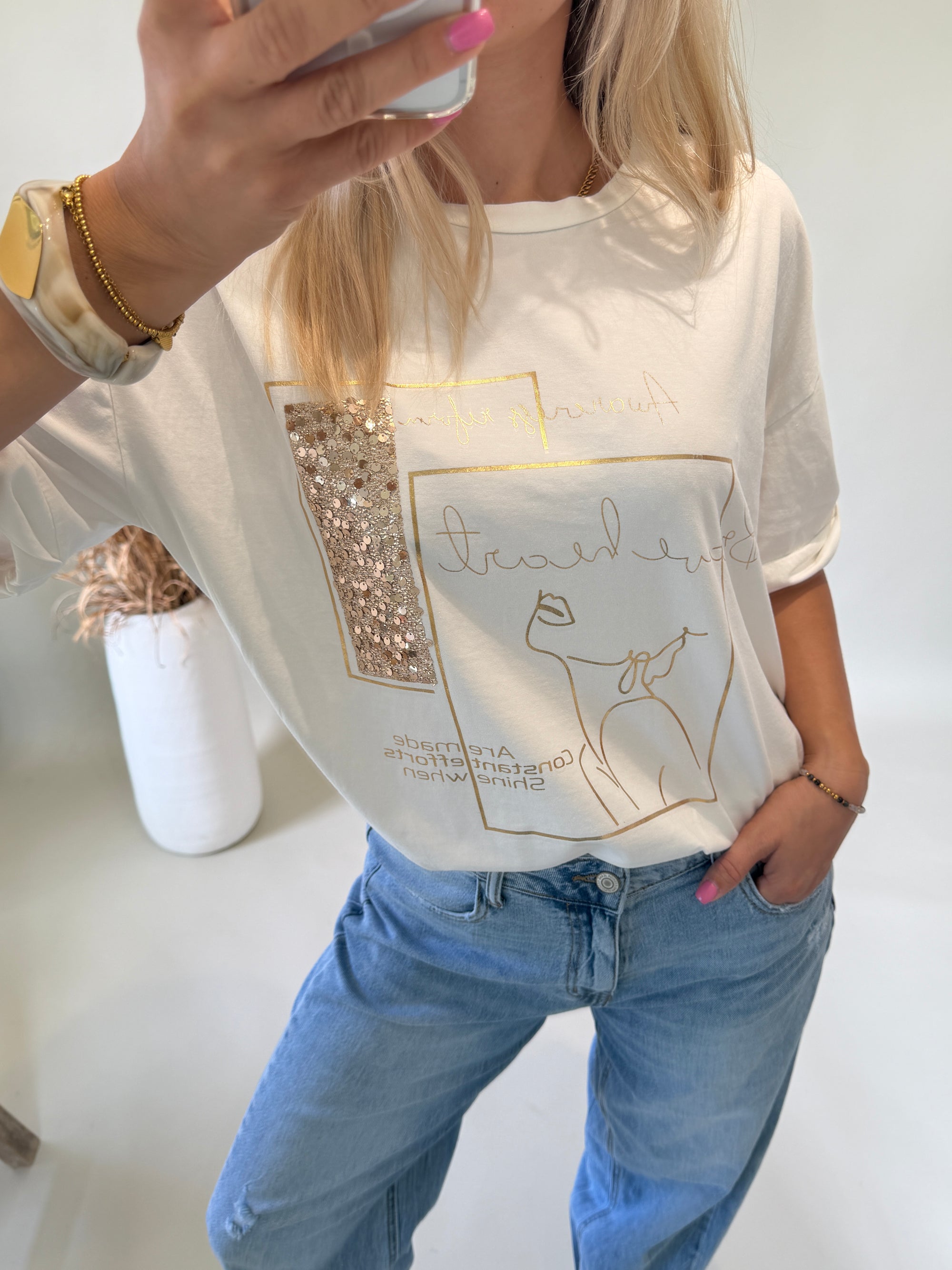 T-Shirt in Weiß mit Glitzeraufdruck in Gold