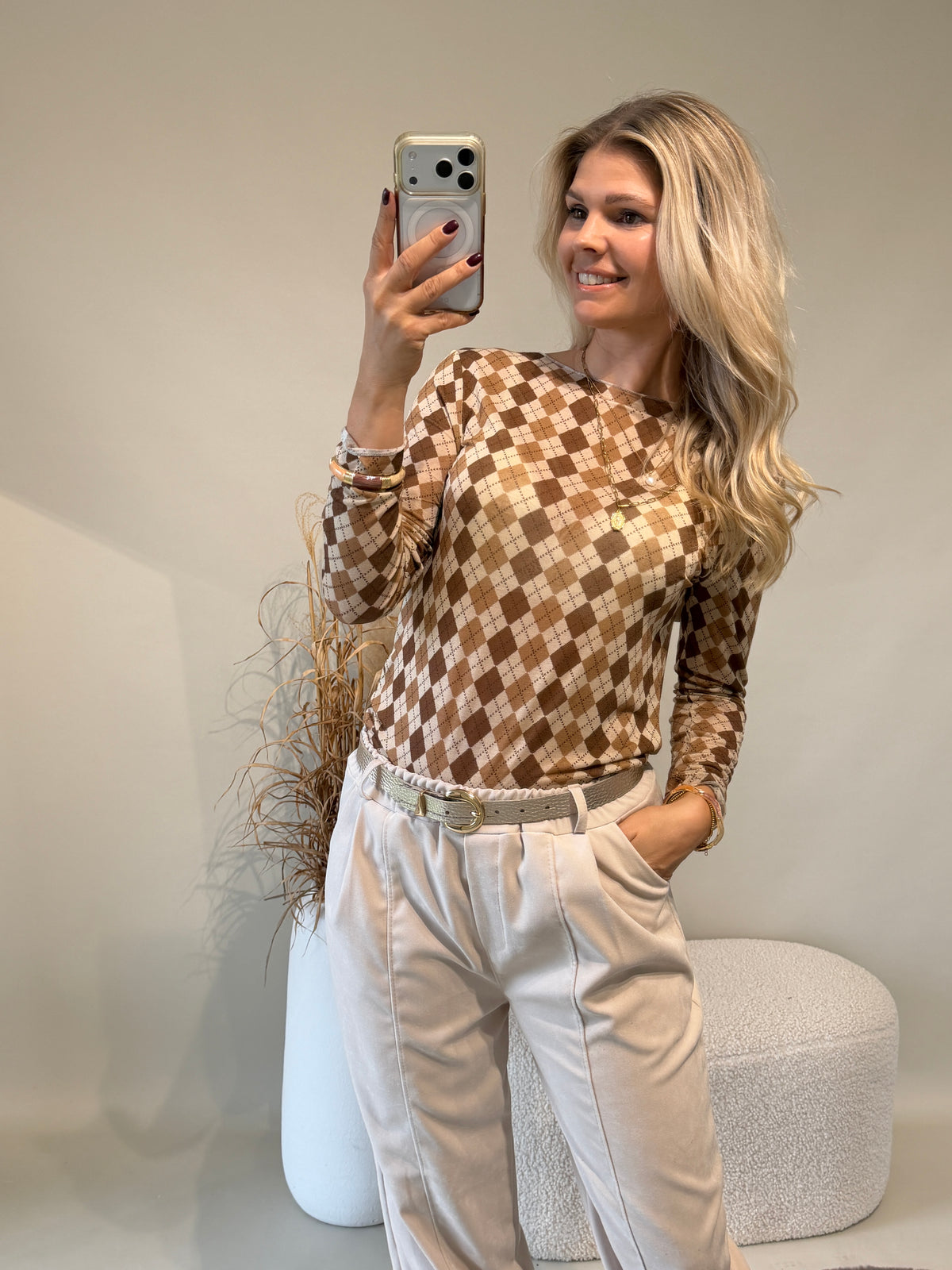 Shirt in Brauntöne mit Rautenmuster
