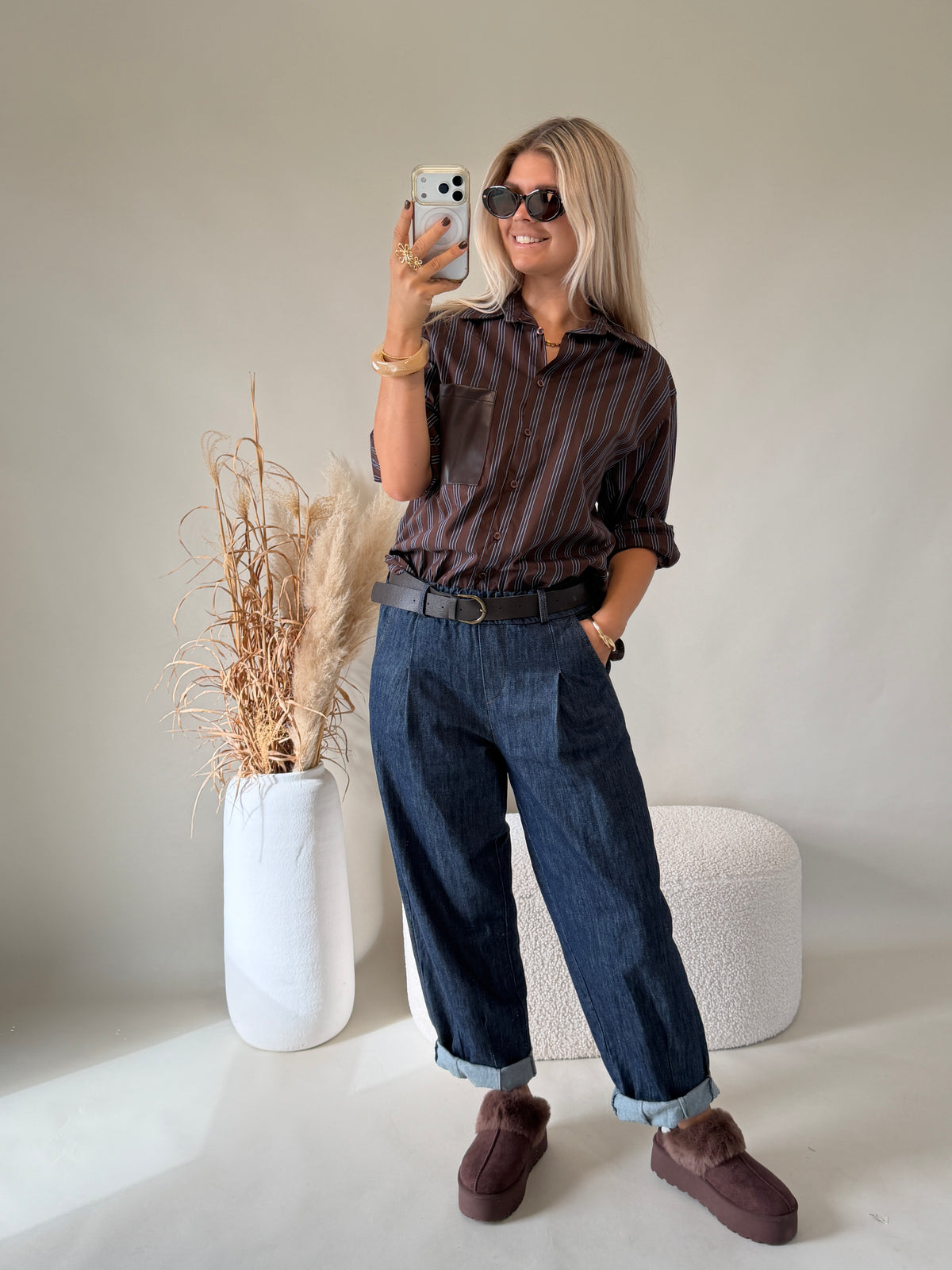 Bluse in Schokobraun / Hellblau gestreift