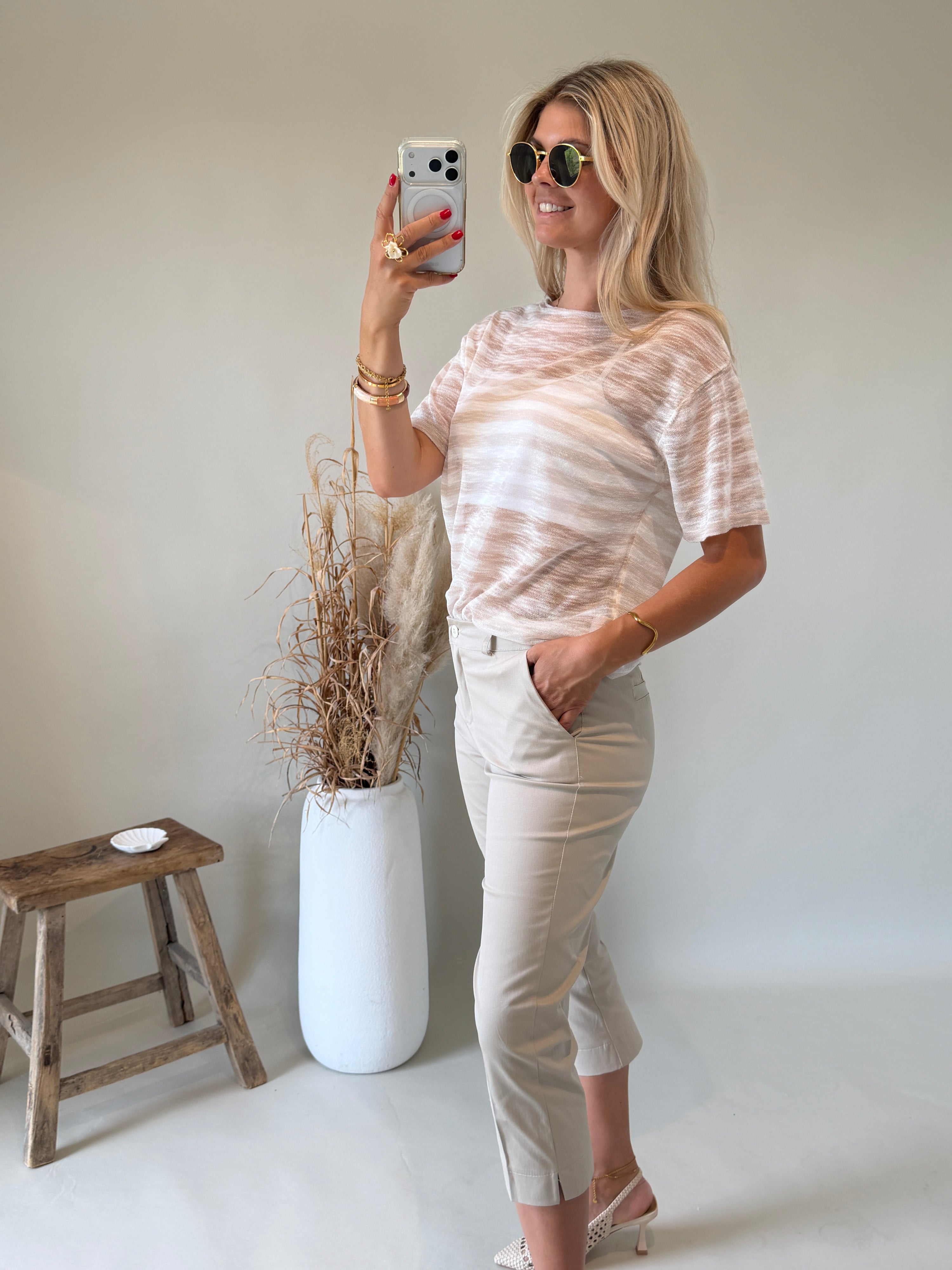Pullover in Hellbeige / Wollweiß gestreift ( Transparent )