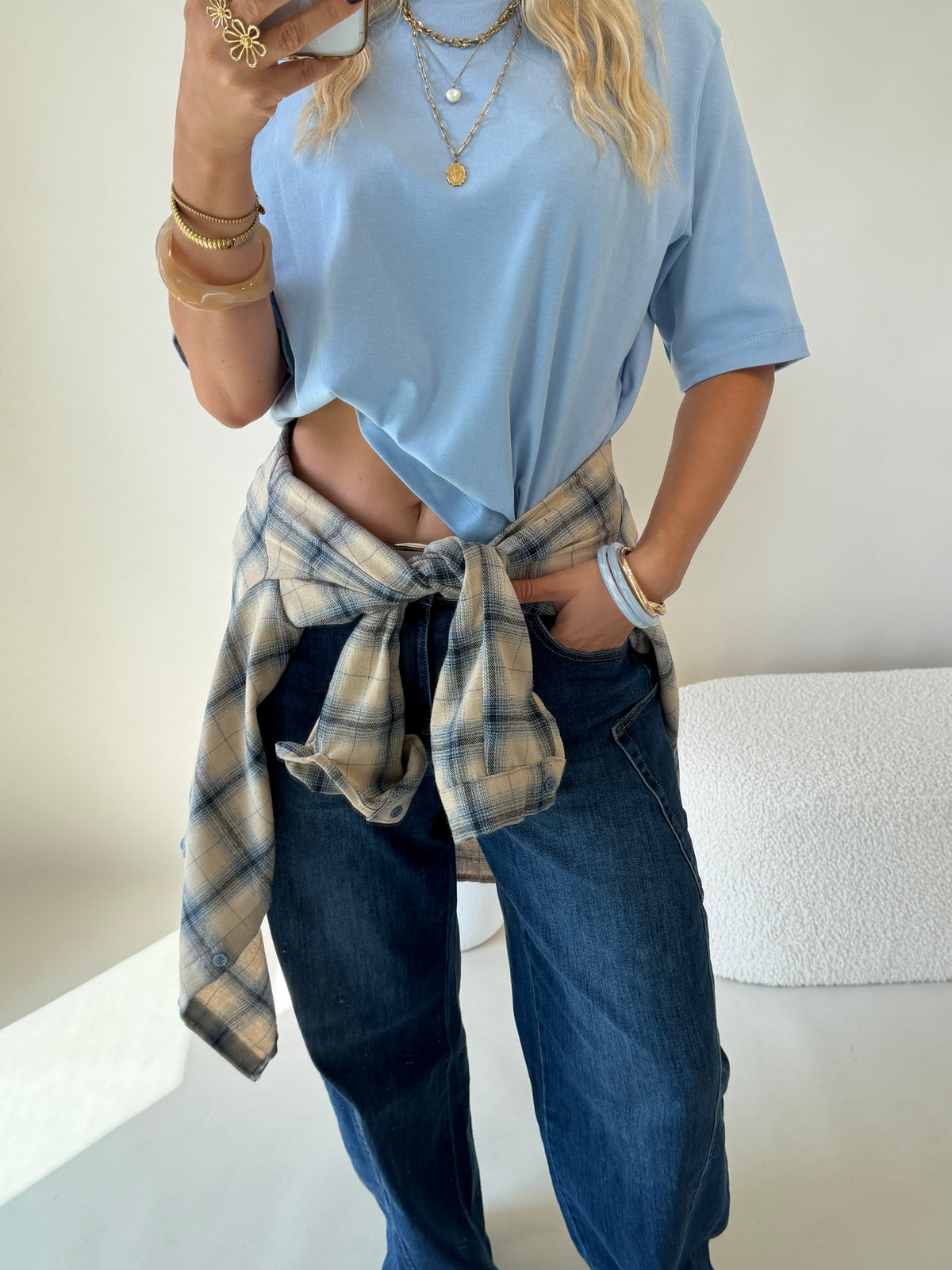 Bluse in Hellblau / Beige / Dunkelblau kariert