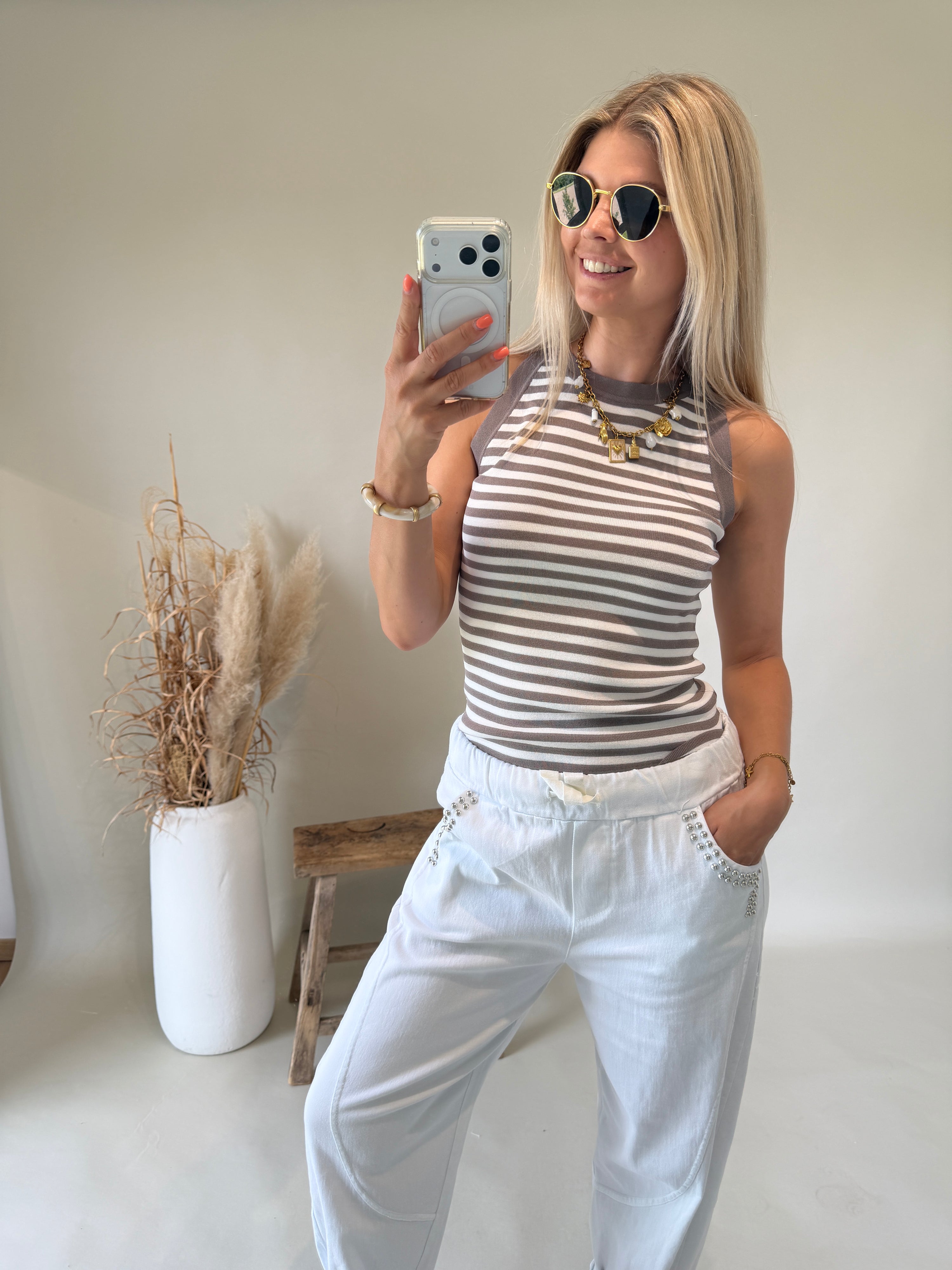 Top in Taupe / Weiß gestreift