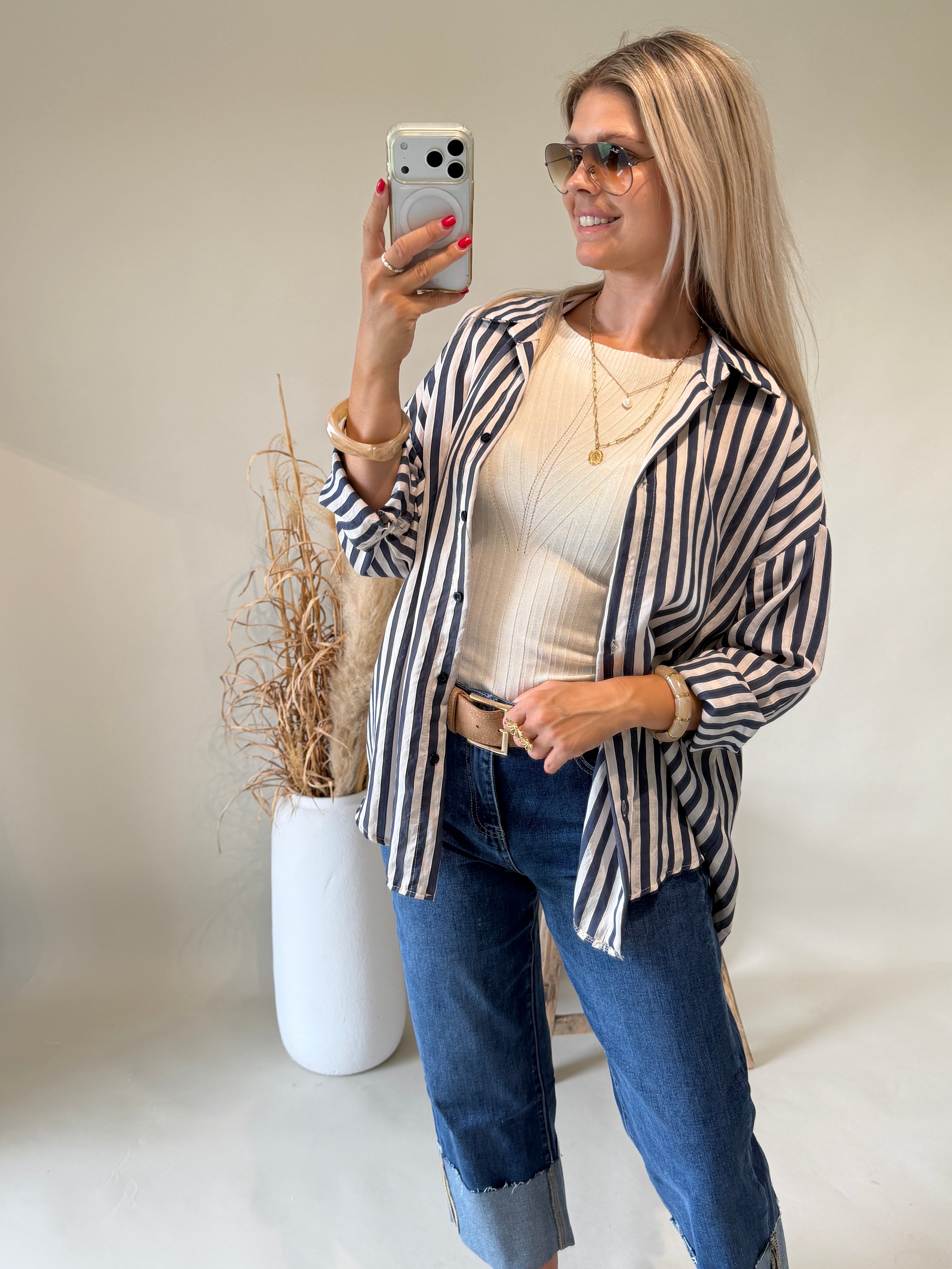 Bluse gestreift  in Dunkelblau / Beige
