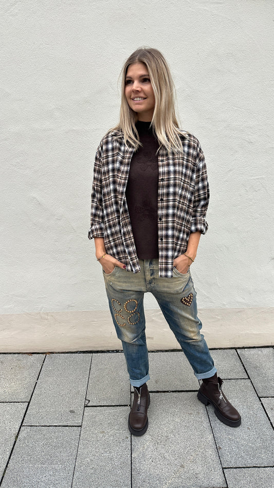 Bluse in Schokobraun/Wollweiß/Zimt (Karo)