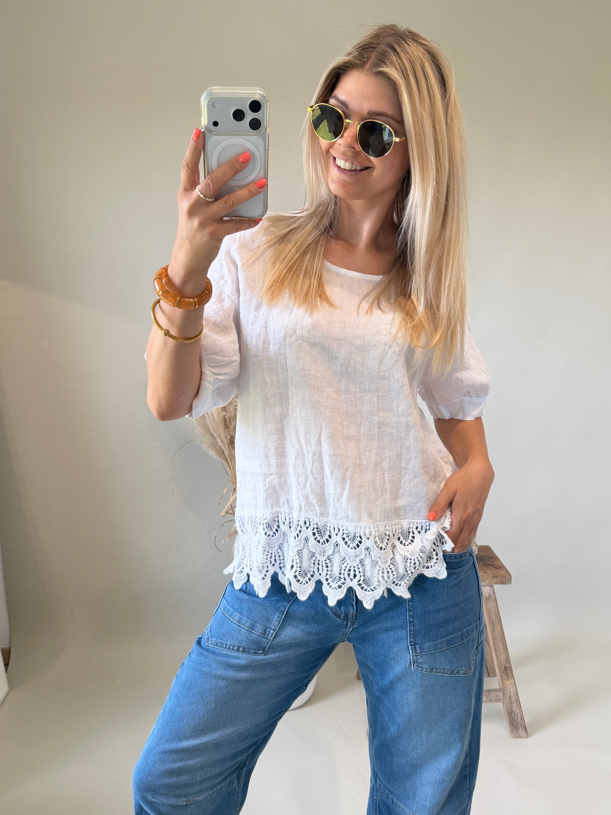 Bluse in Weiß mit Bohospitze unten