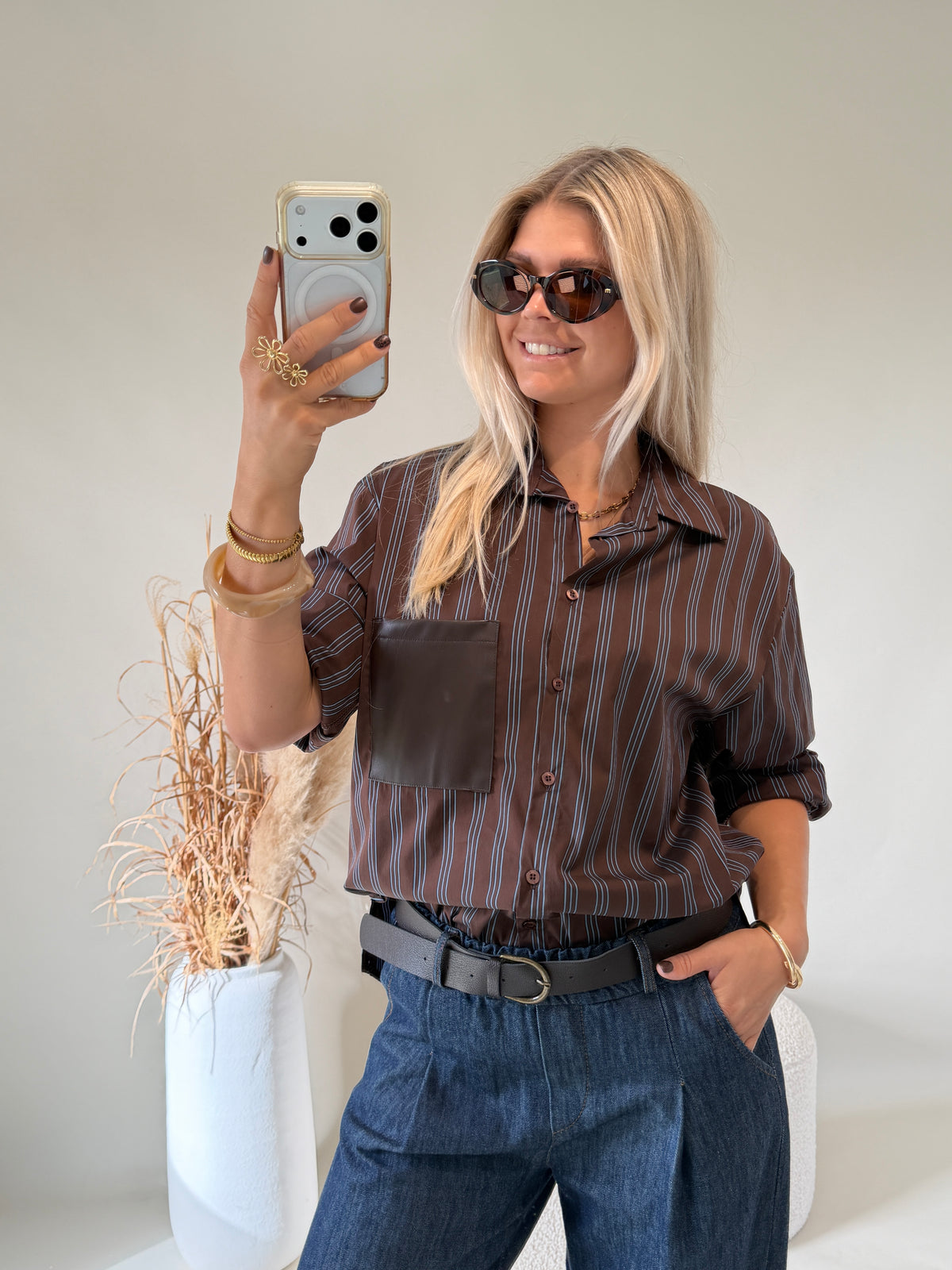 Bluse in Schokobraun / Hellblau gestreift