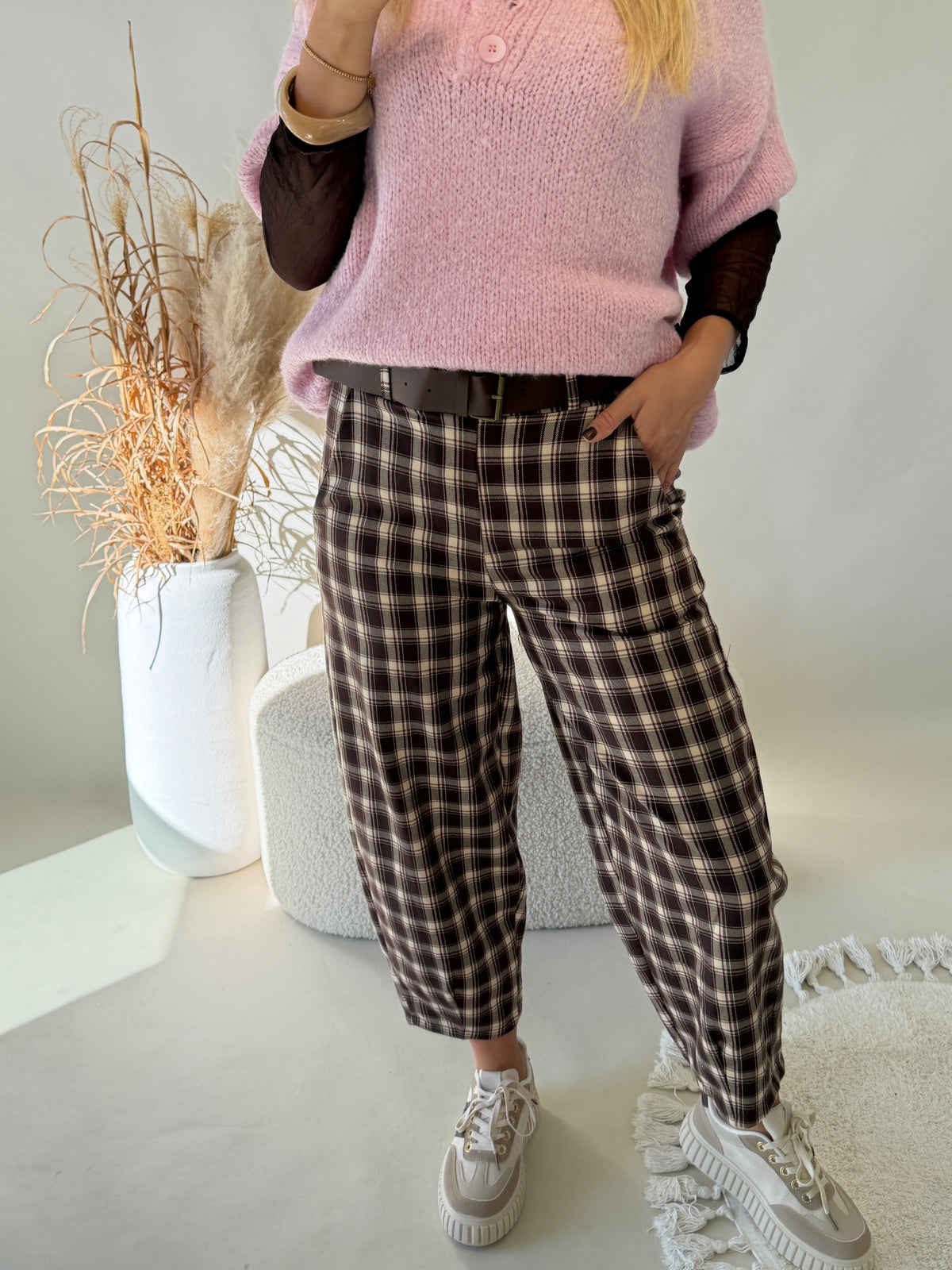 Hose in Schokobraun / Beige / Rosa kariert ( Ballon )