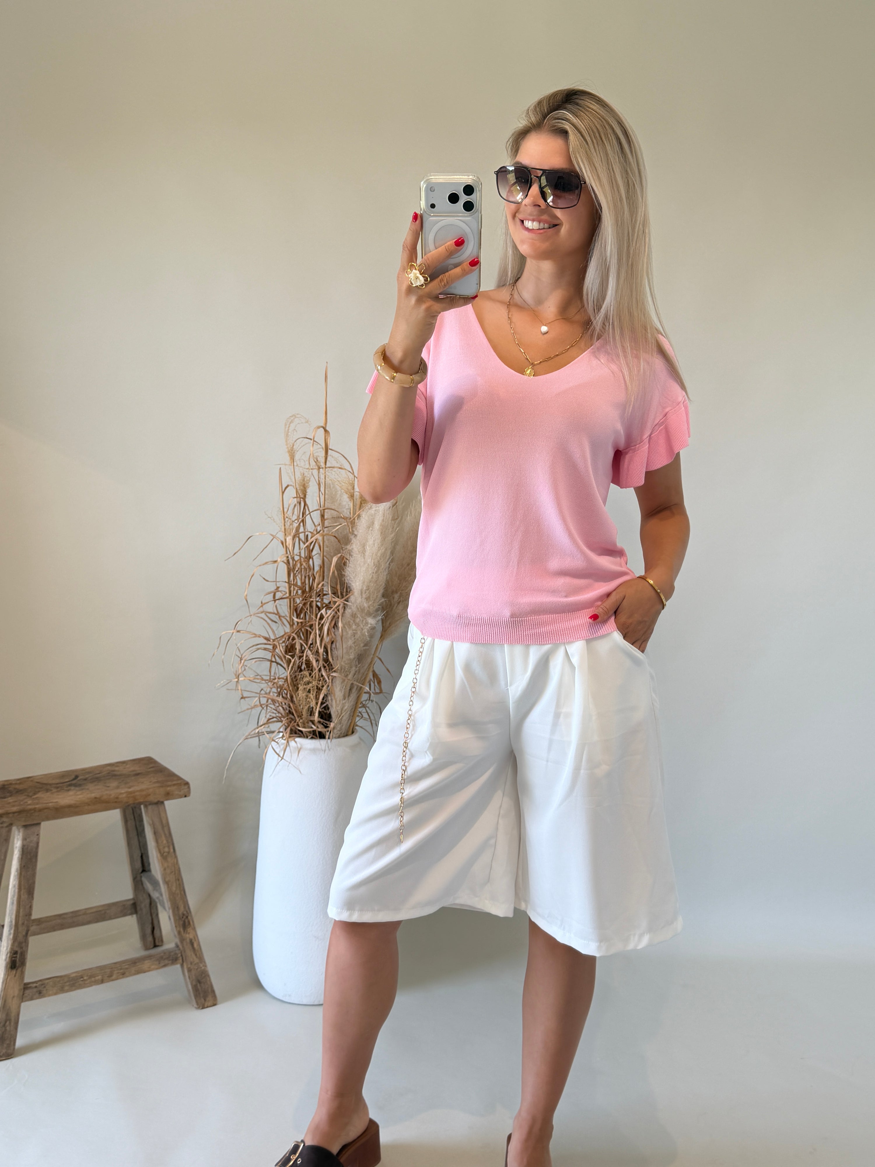 T - Shirt in Rosa ( Feinstrick ) mit Rüschen