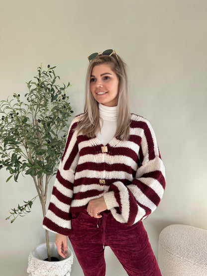 Strickjacke gestreift in Bordeaux/Wollweiß