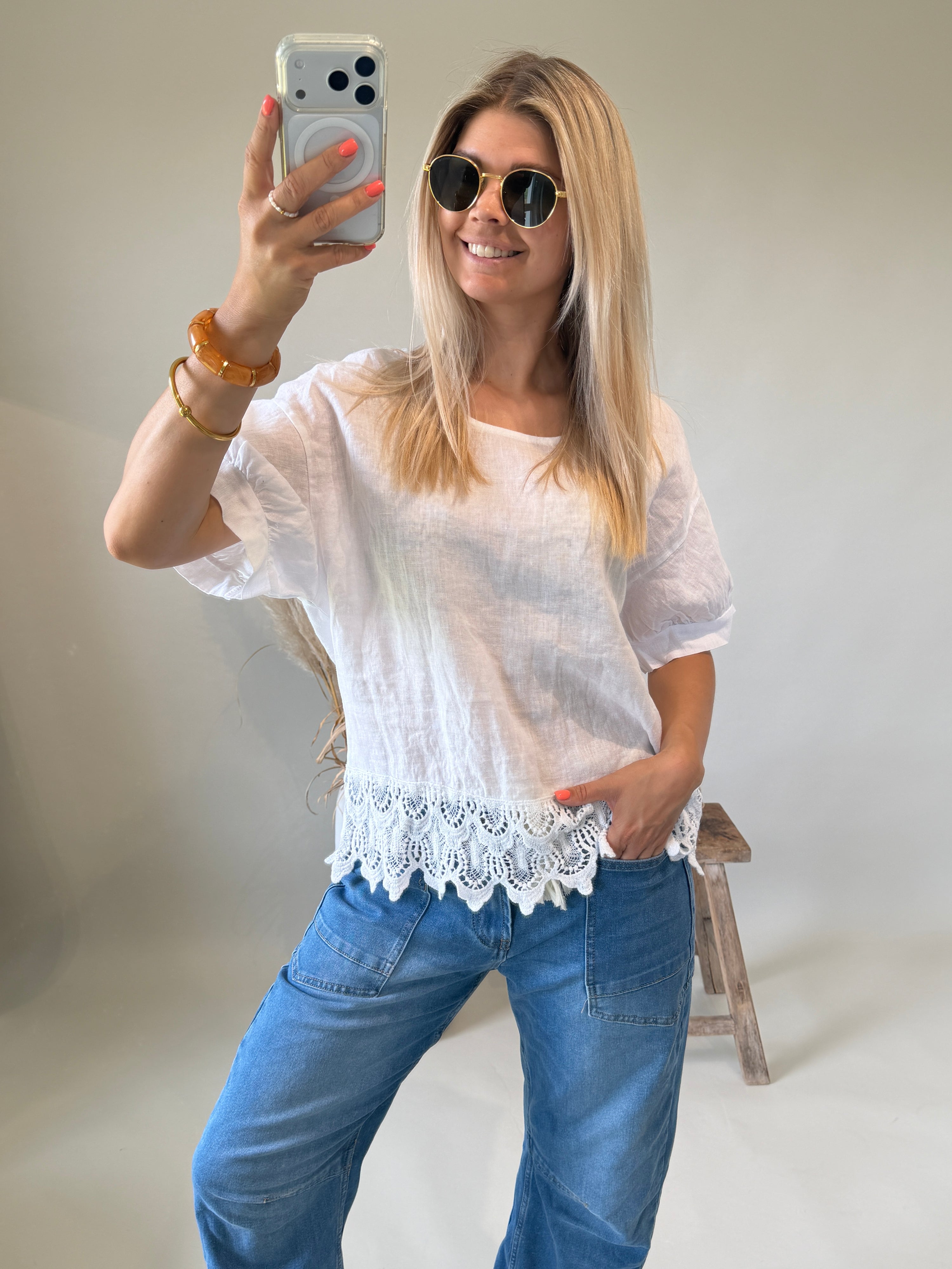 Bluse in Weiß mit Bohospitze unten