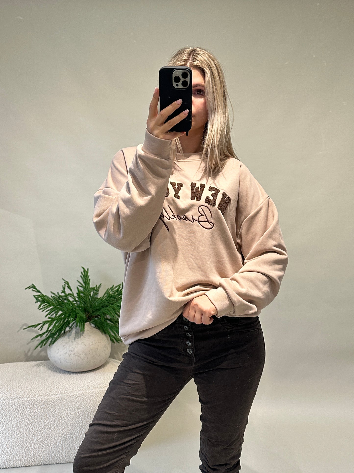 pullover in beige mit aufschrift in schokobraun (new york)