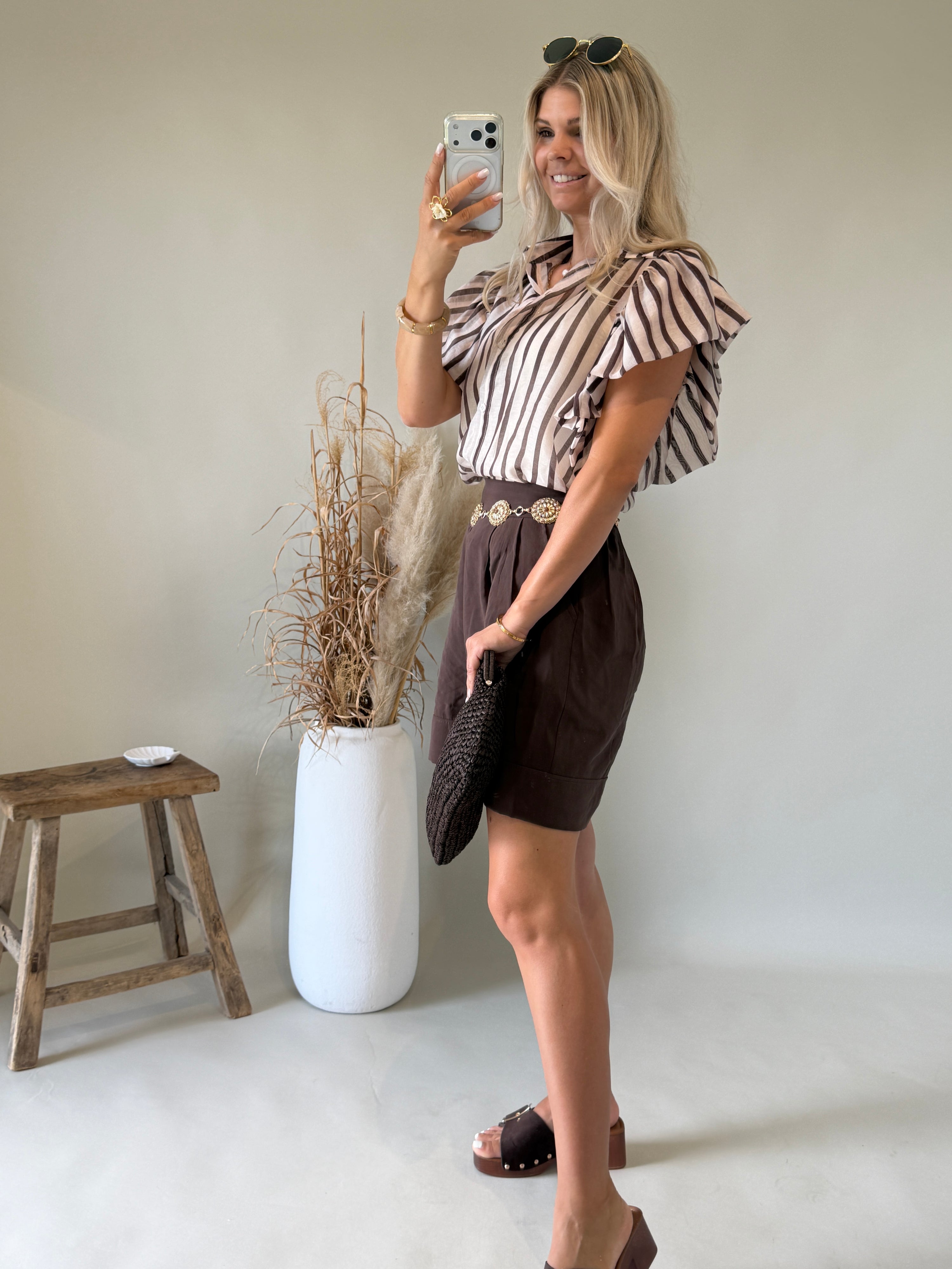 Bluse in Beige mit Schokobraunen Streifen und Puffärmel