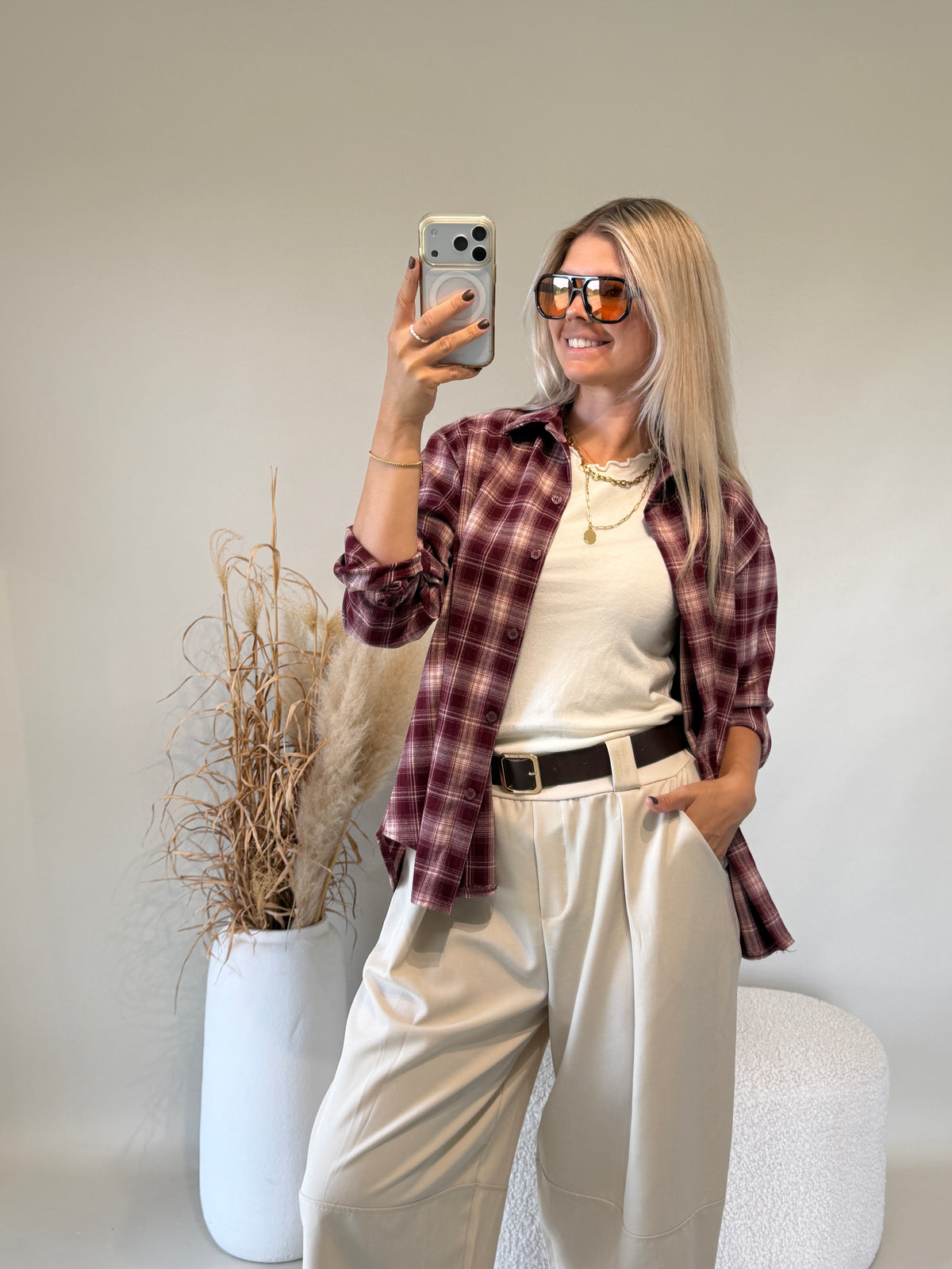 Bluse in Bordeaux und Wollweiß ( Kariert )
