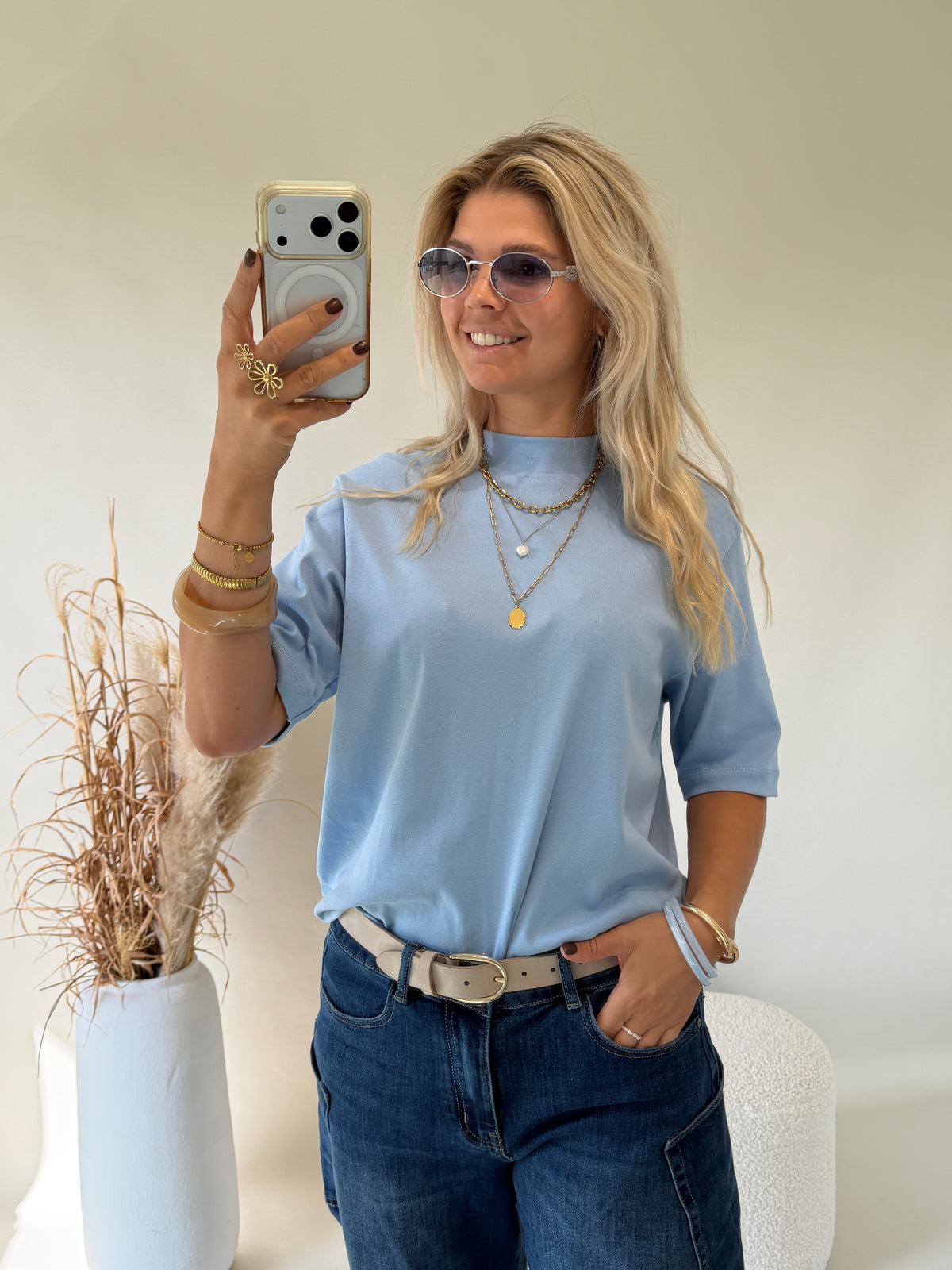 T - Shirt in Hellblau mit Stehkragen