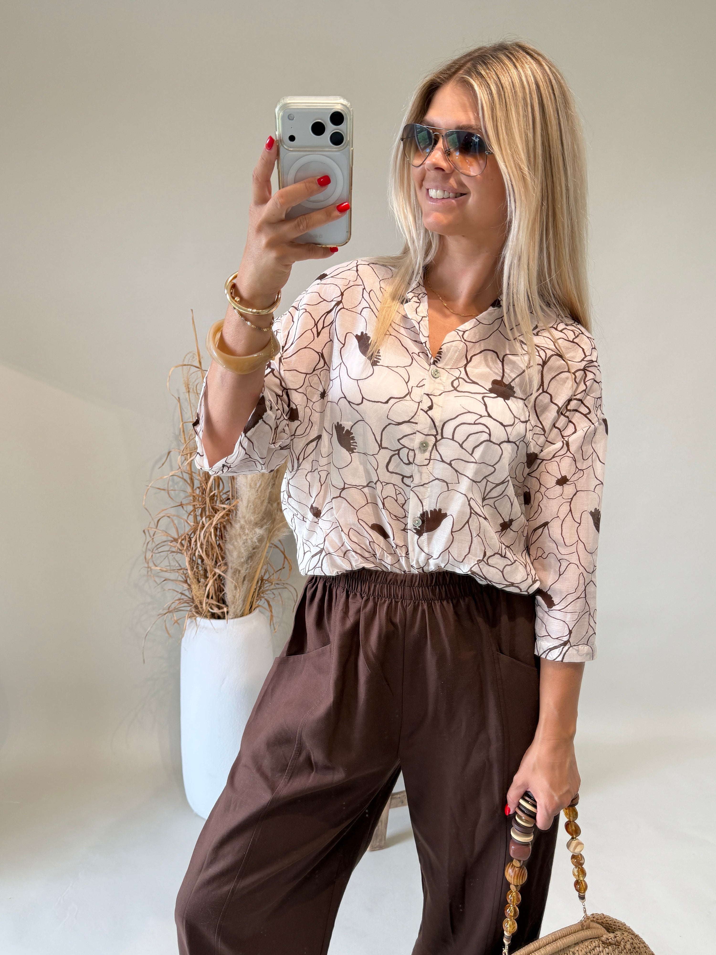 Bluse in Beige mit Schokobrauen Muster ( Transparent )
