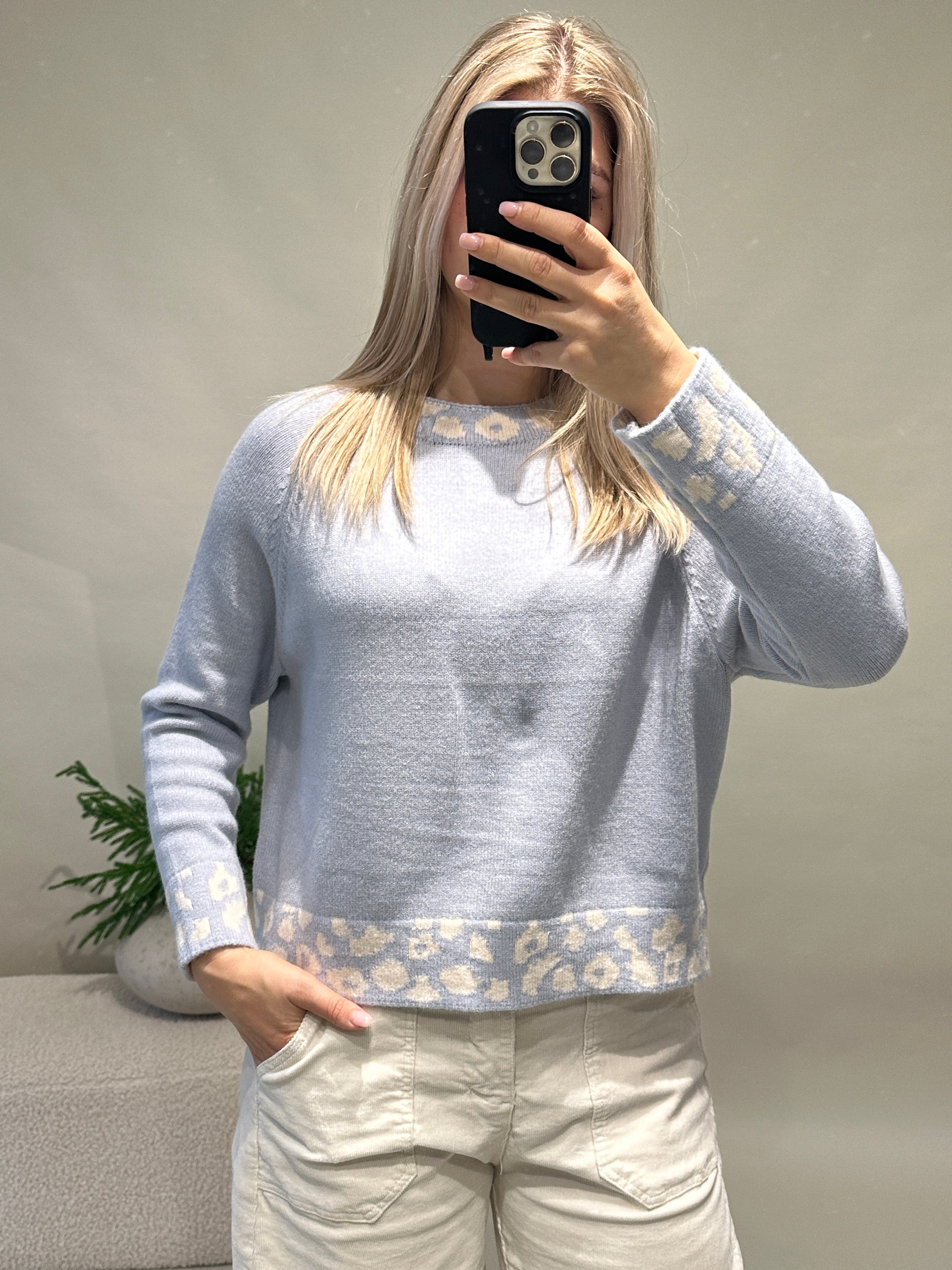 Pullover in Hellblau mit Leomuster an Bund und Kragen