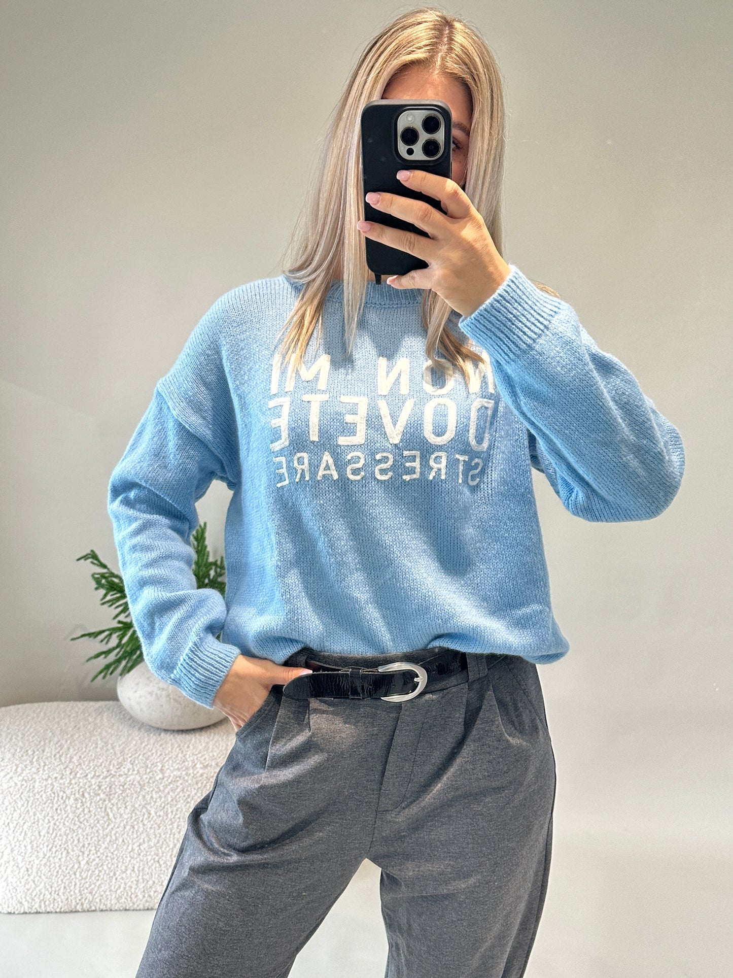 pullover in hellblau mit wollweißer aufschrift ( non mi dovete )