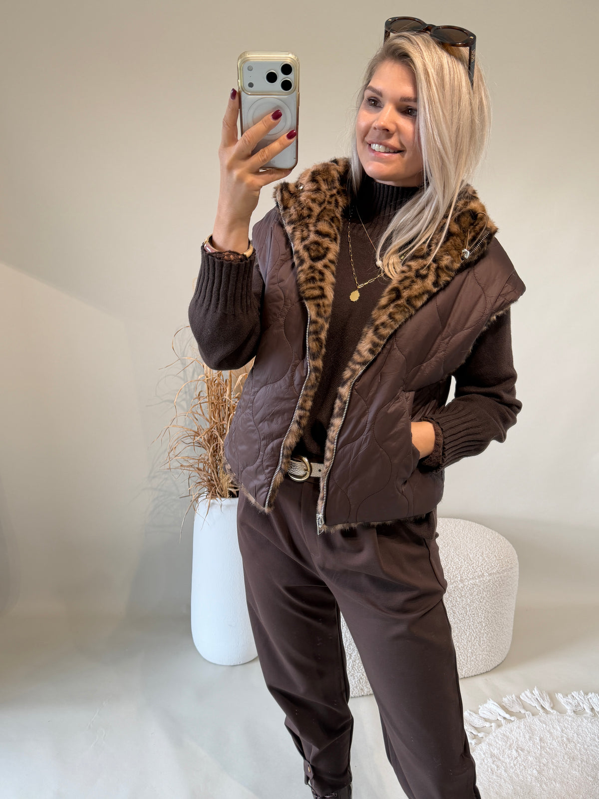 Weste in Leopard Print / Schokobraun ( Wendejacke / Kunstfell )