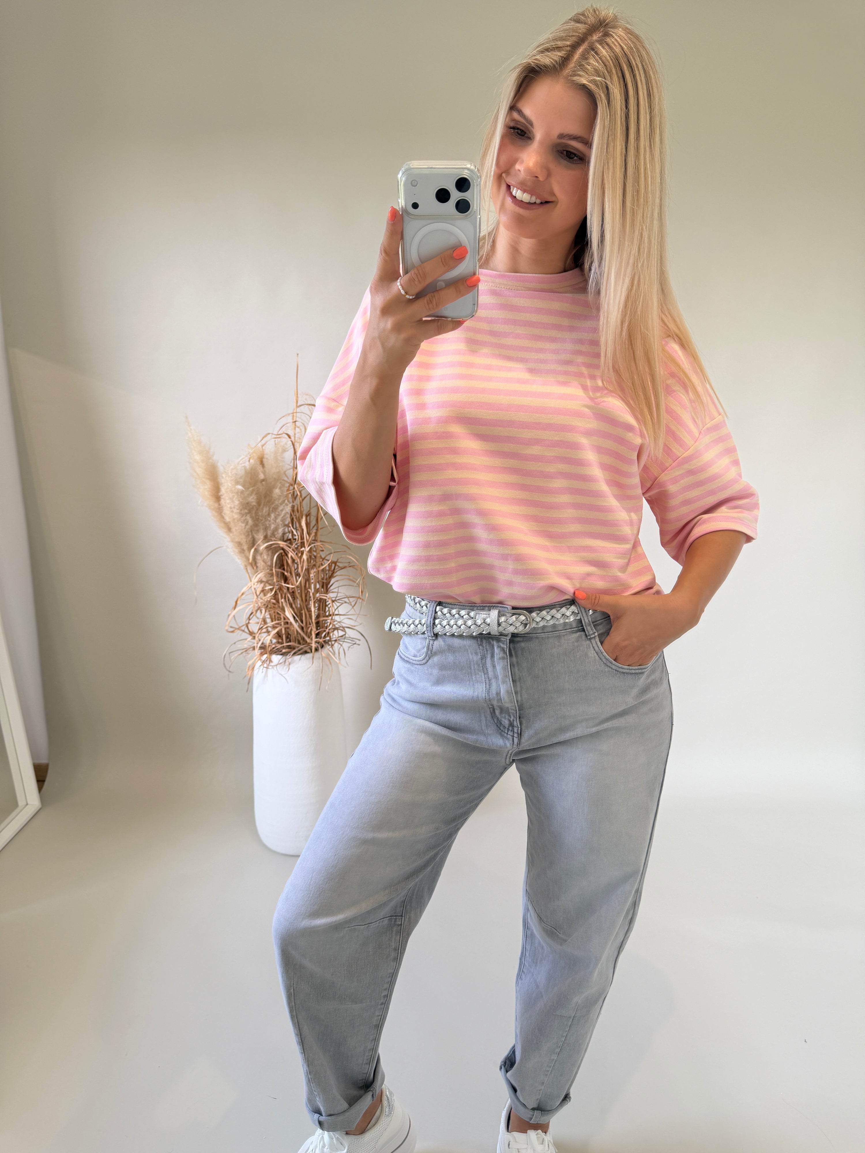 T - Shirt in Rosa / Beige gestreift