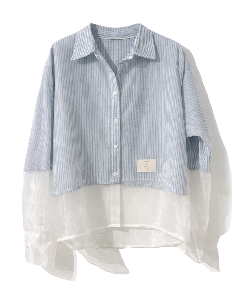 Bluse Hellblau gestreift mit durchsichtigen Arm