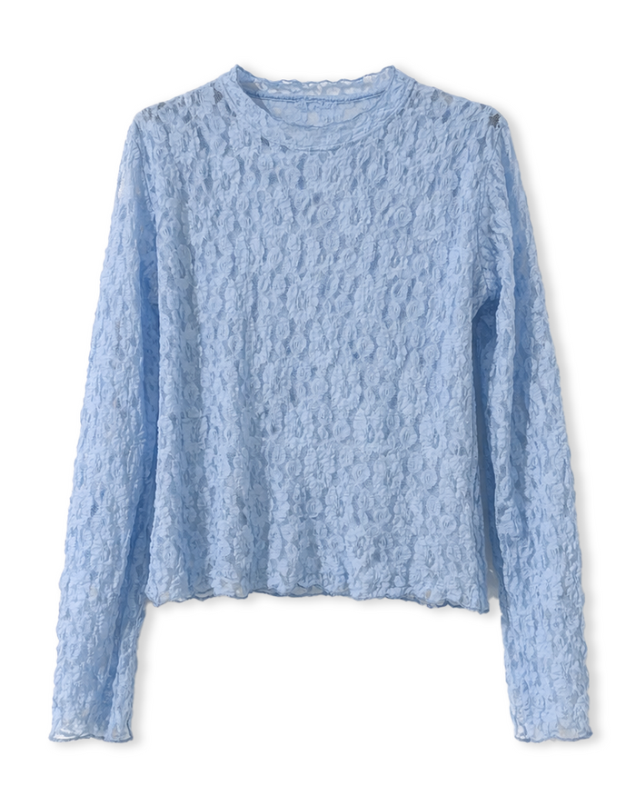 Spitzenshirt in Hellblau mit kleinen Stehkragen