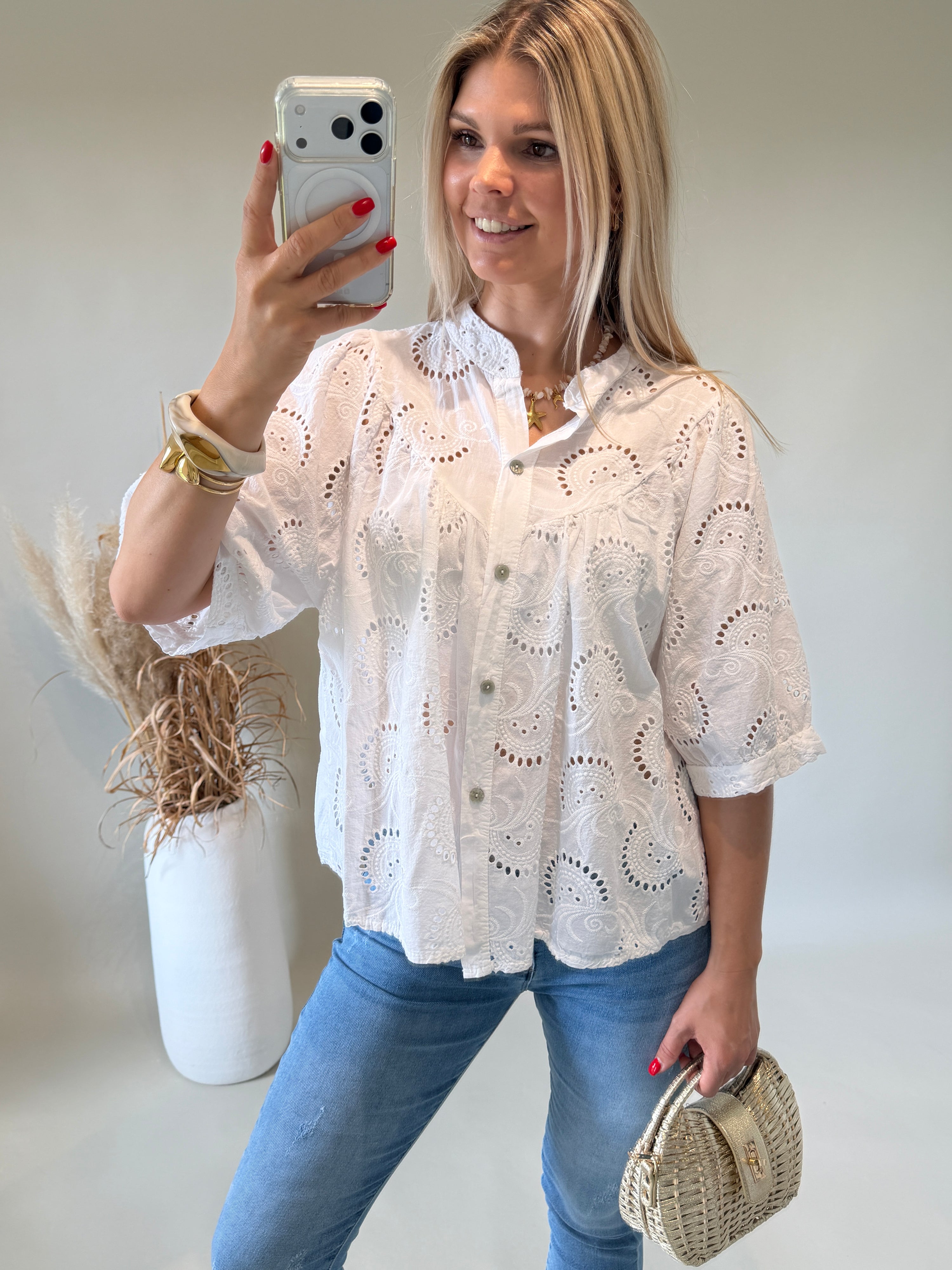 Bluse in Weiß aus Bohospitze ( Kurzarm )