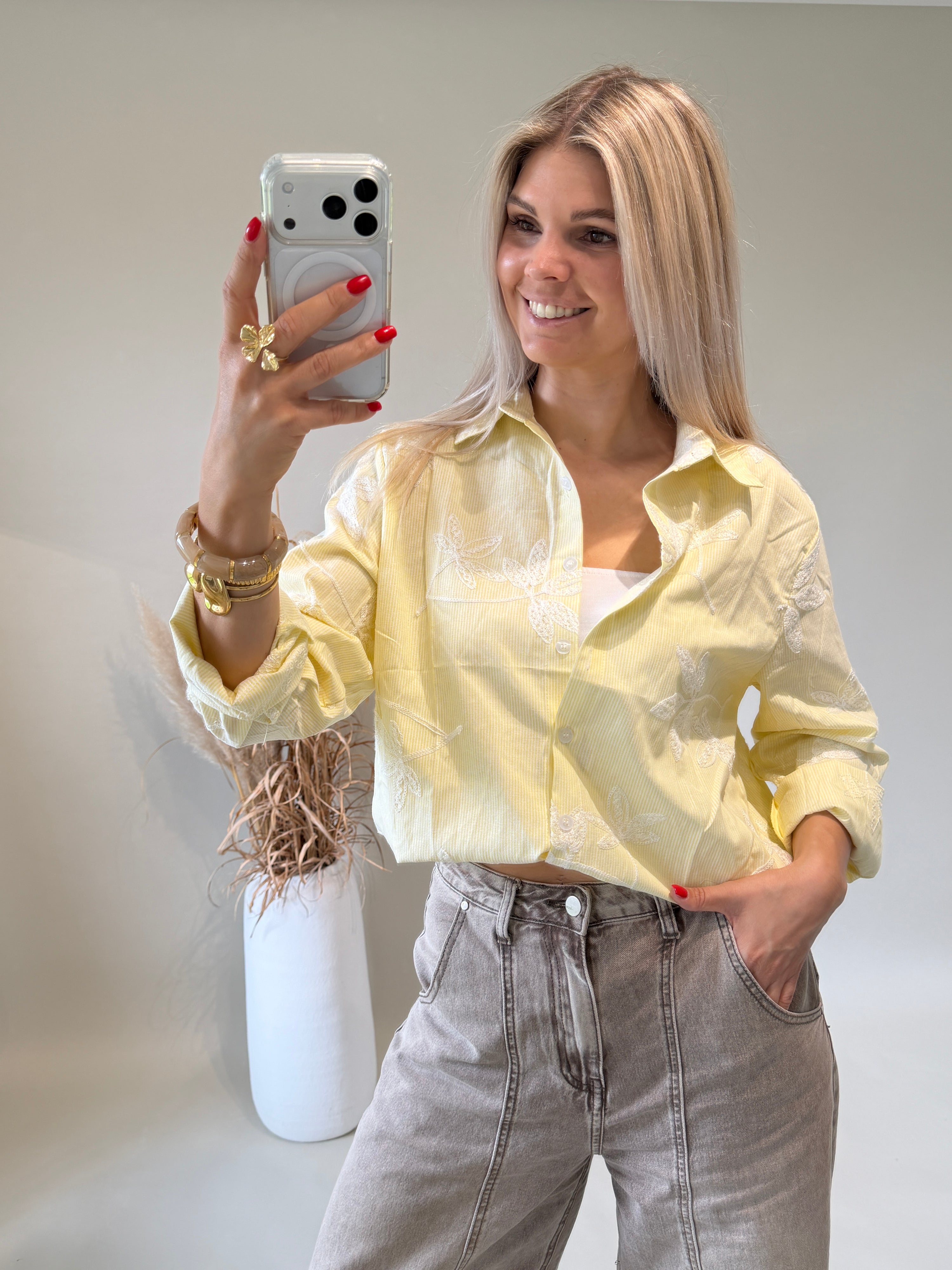 Bluse in Gelb gestreift mit Stickerei ( Blätter )