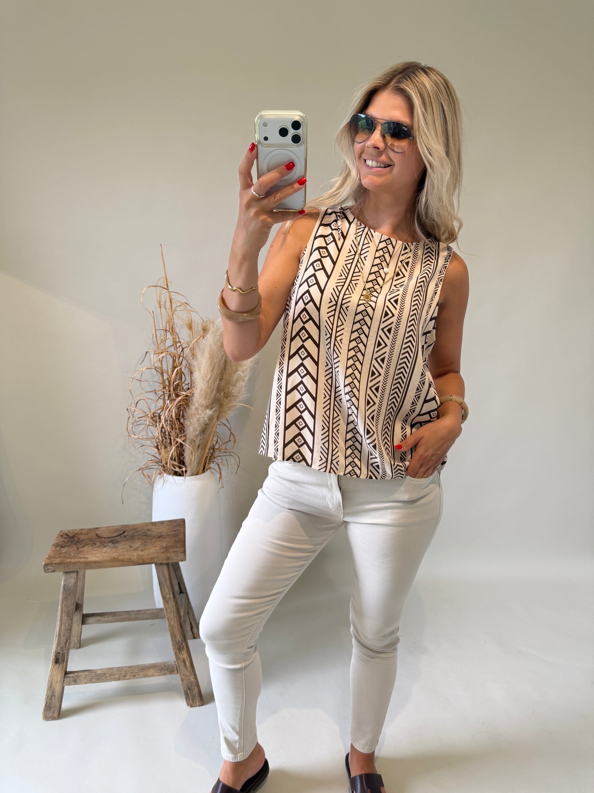 Blusen Top in Beige mit Schokobraunen Muster