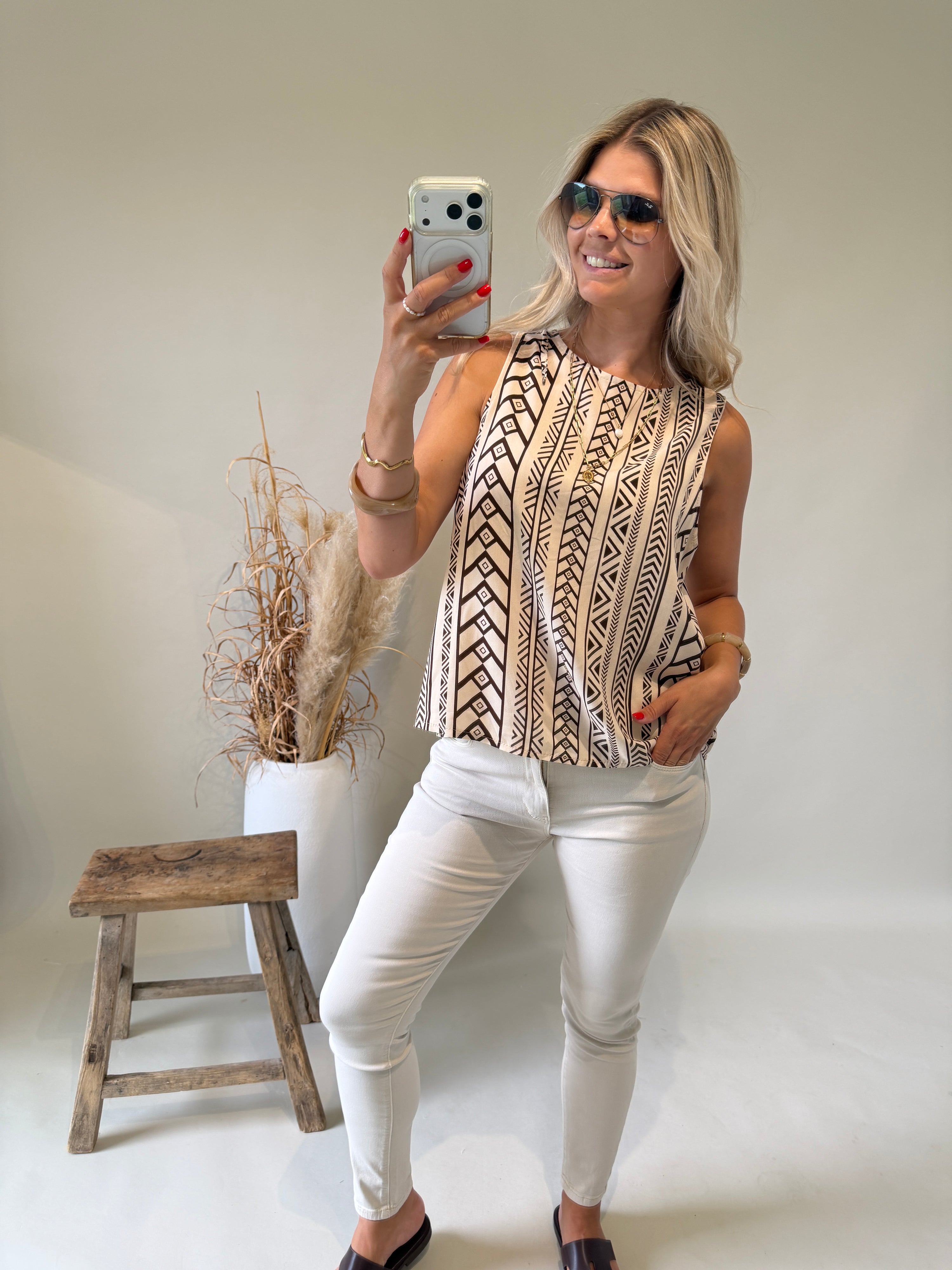 Blusen Top in Beige mit Schokobraunen Muster