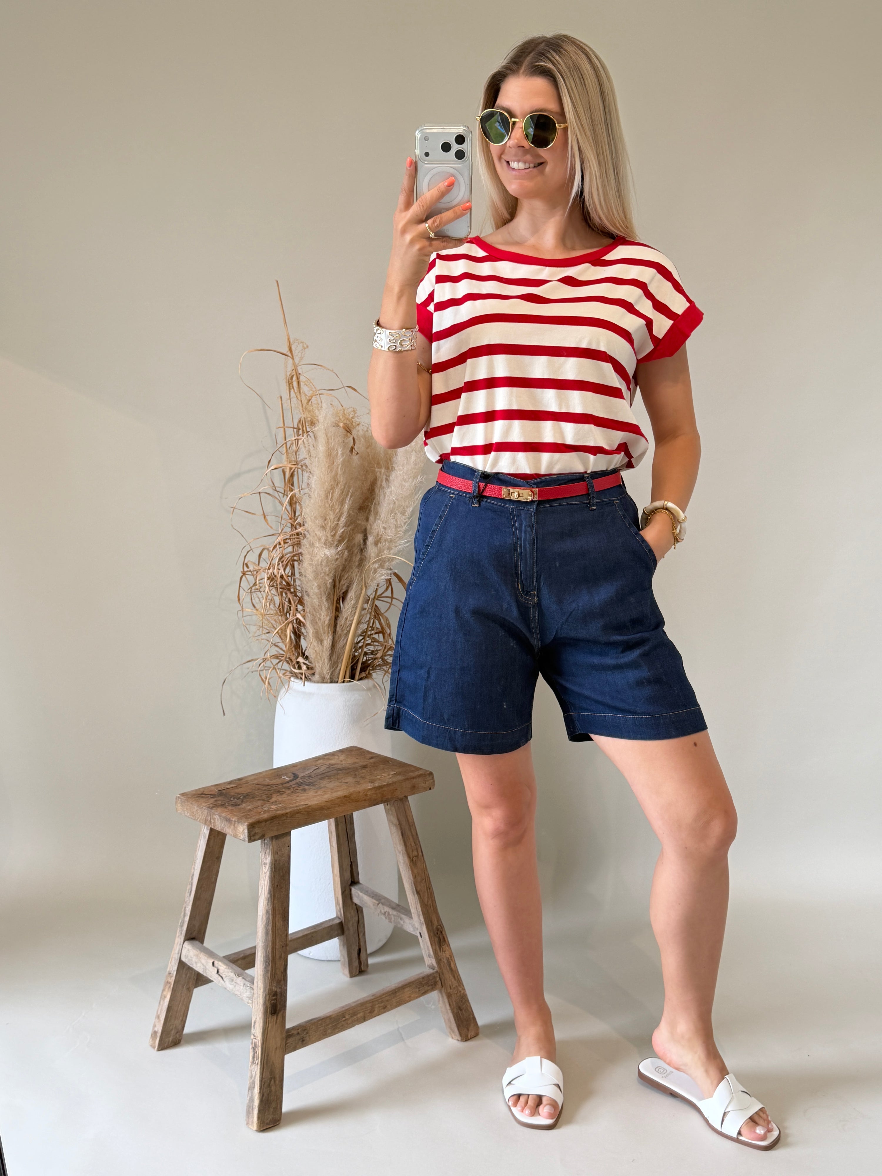 T - Shirt in Rot / Beige gestreift