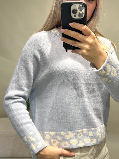 Pullover in Hellblau mit Leomuster an Bund und Kragen
