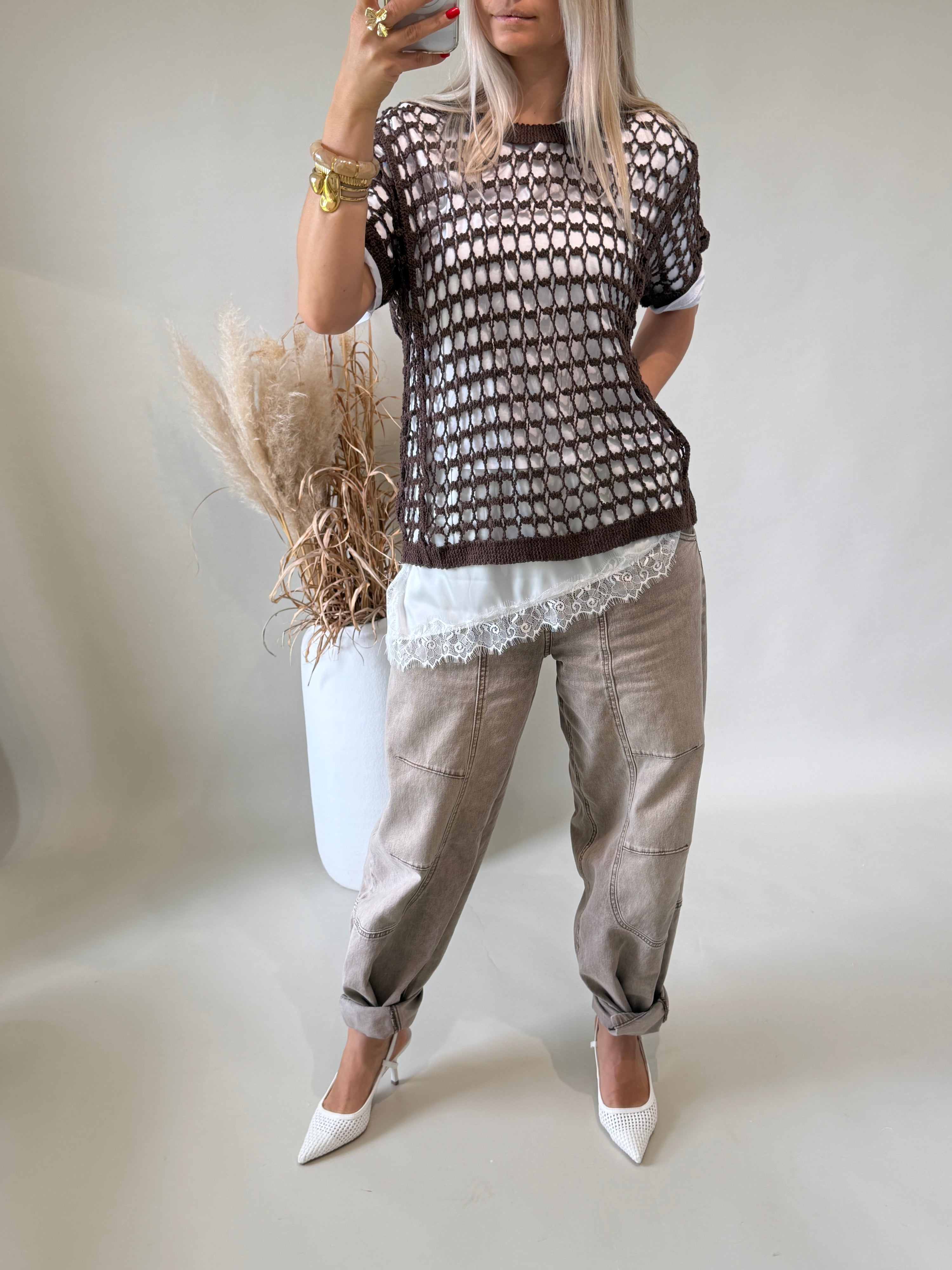 Pullover in Lochoptik in Schokobraun