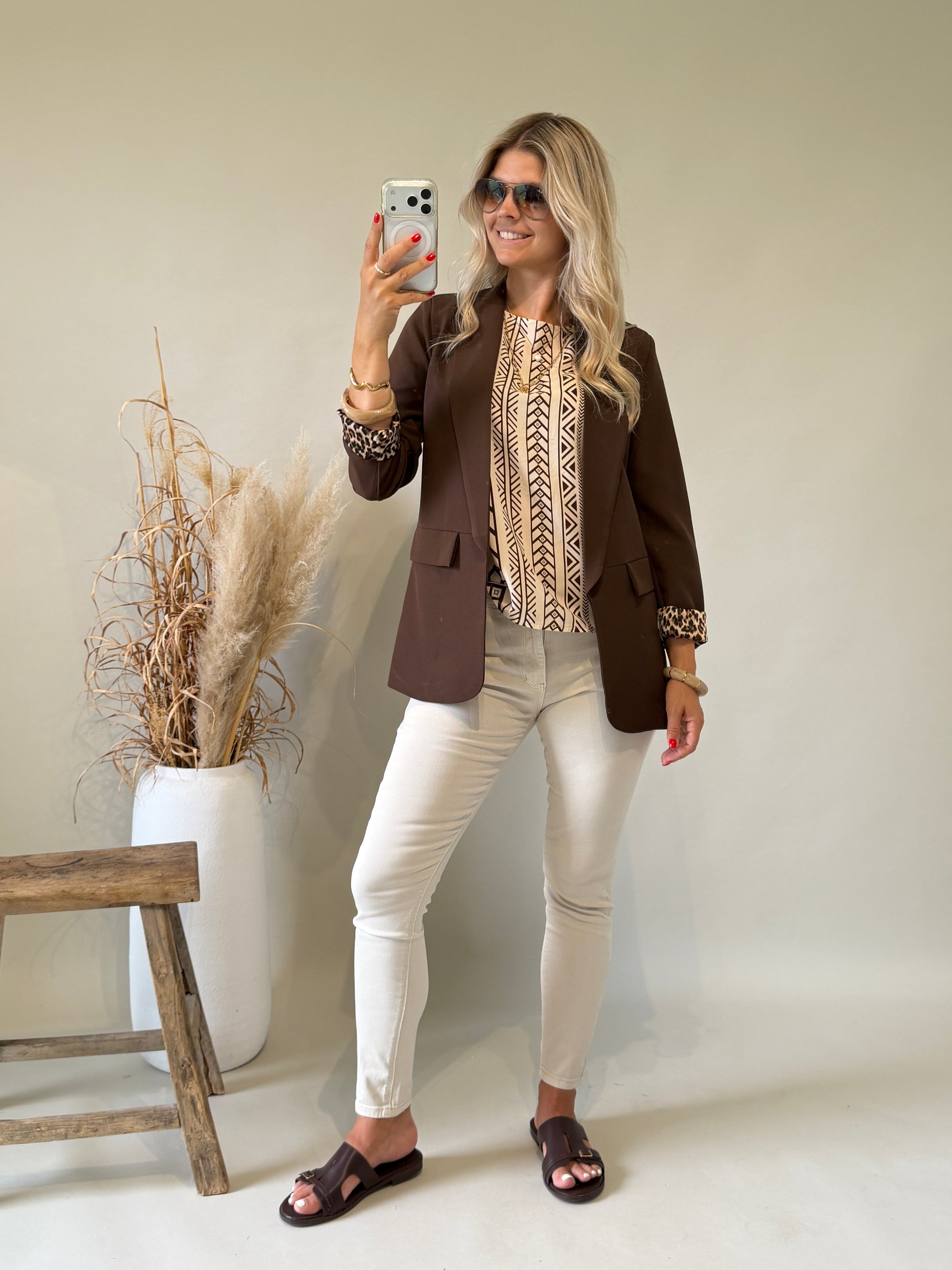 Blusen Top in Beige mit Schokobraunen Muster