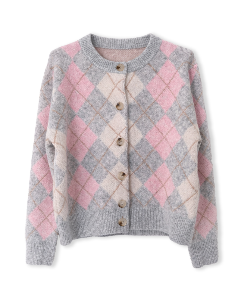 Strickjacke in Hellgrau/Rosa mit Rautenmuster