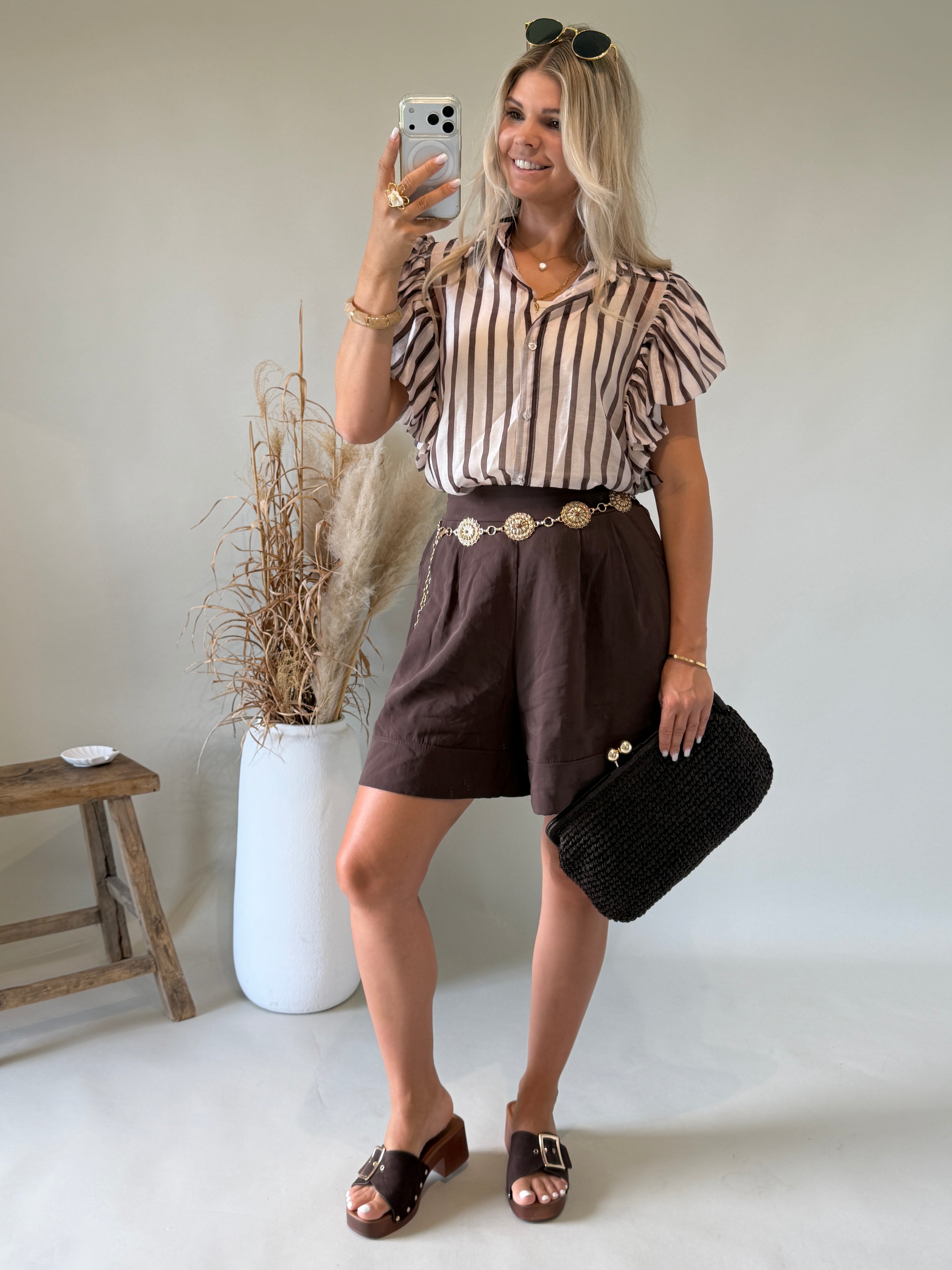 Bluse in Beige mit Schokobraunen Streifen und Puffärmel