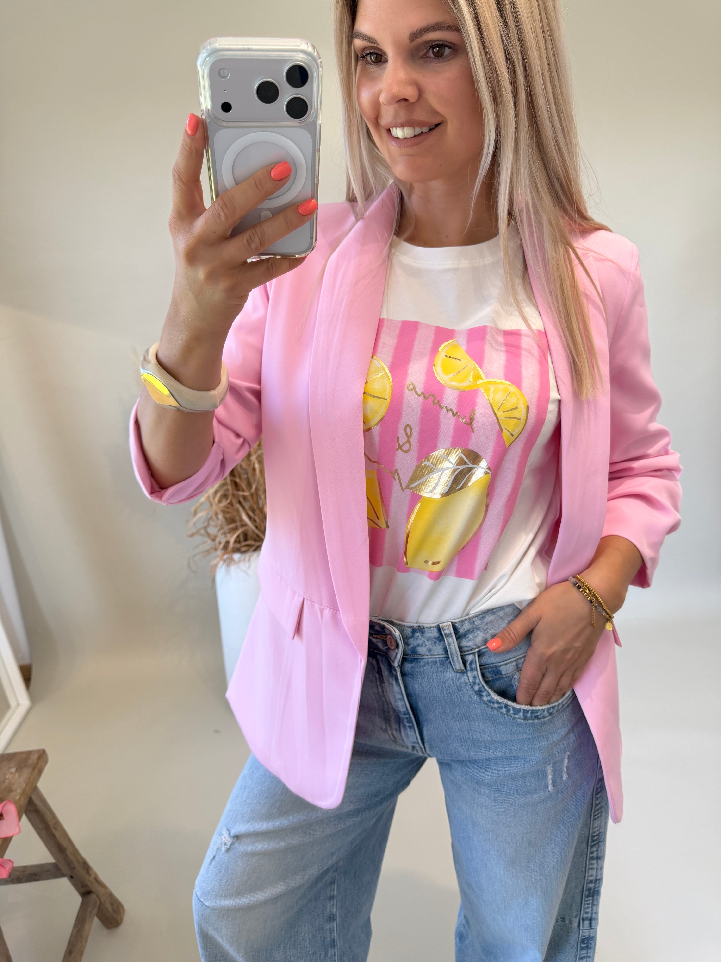 T - Shirt in Weiß / Rosa mit Zitronen