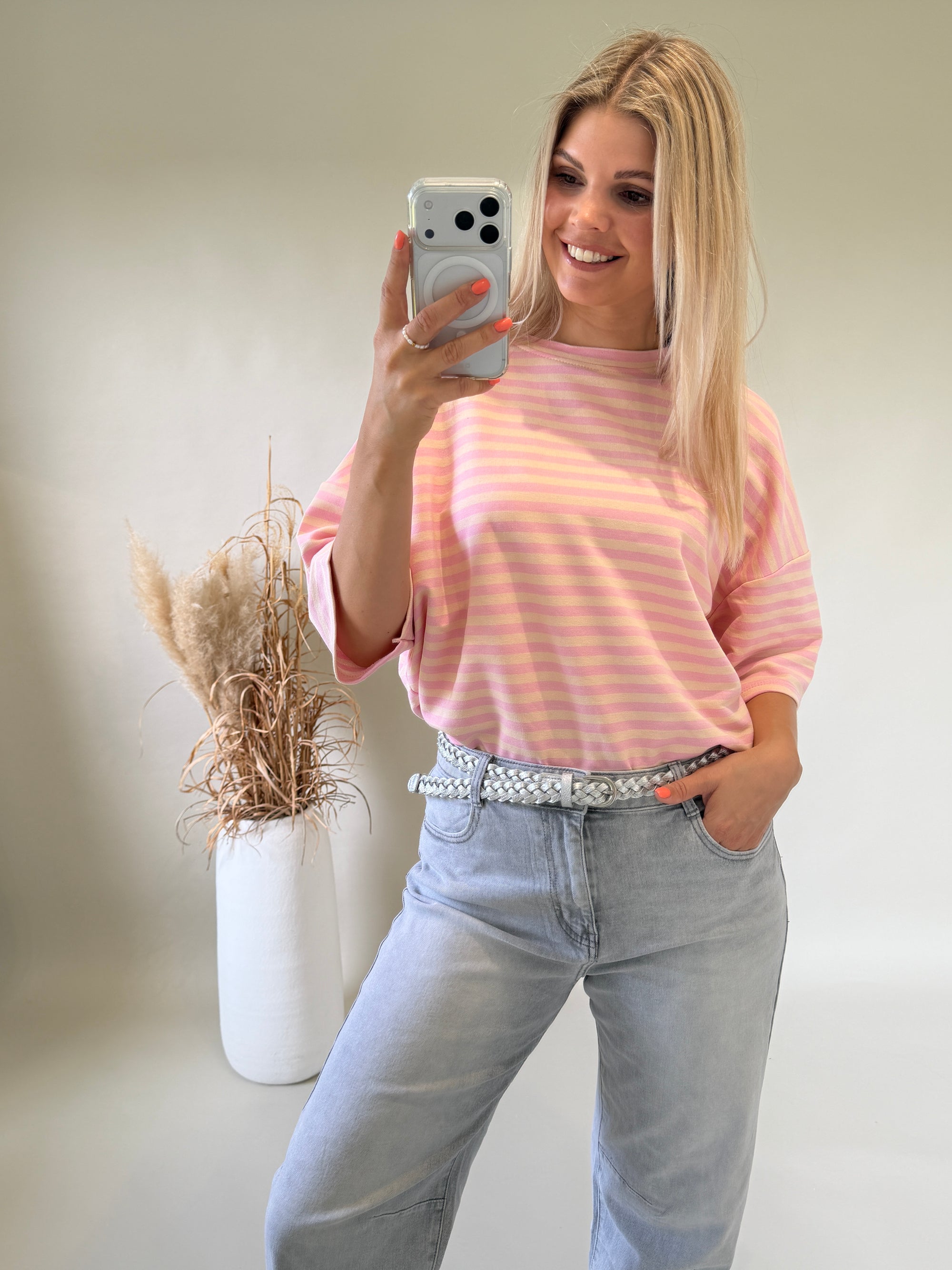 T - Shirt in Rosa / Beige gestreift