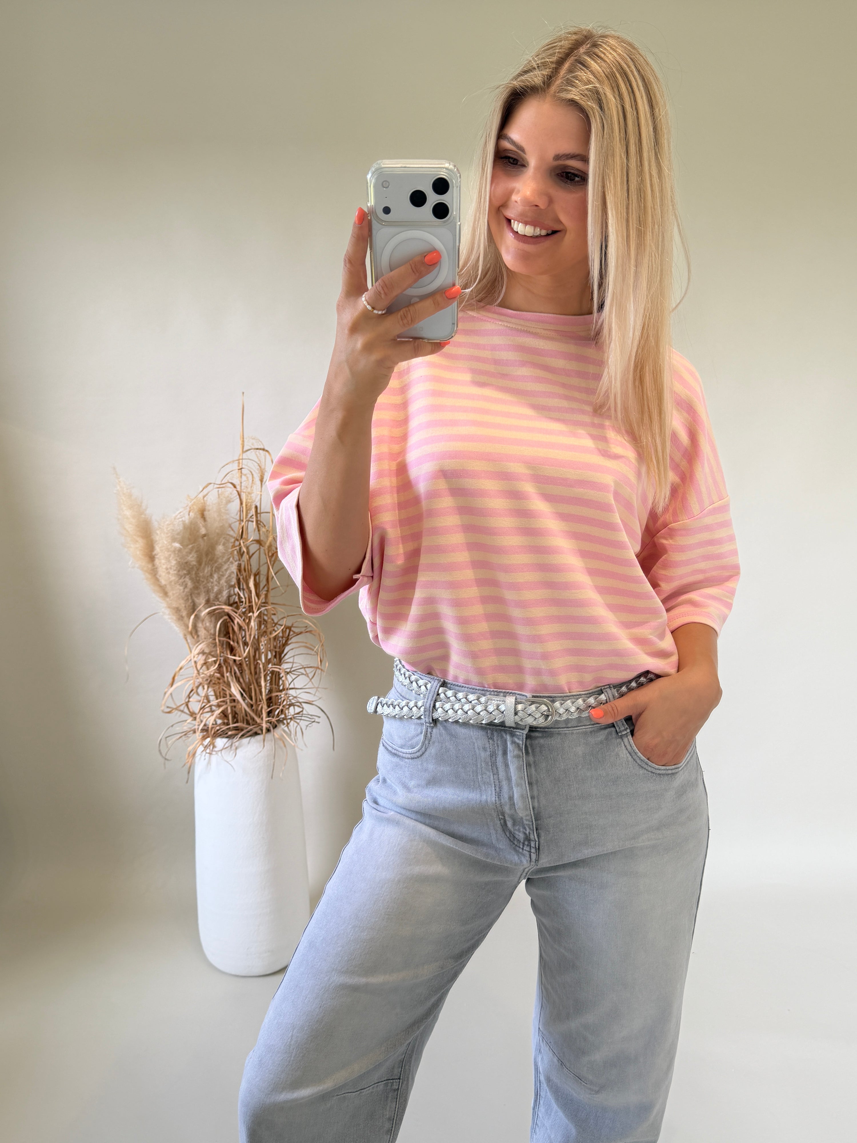 T - Shirt in Rosa / Beige gestreift