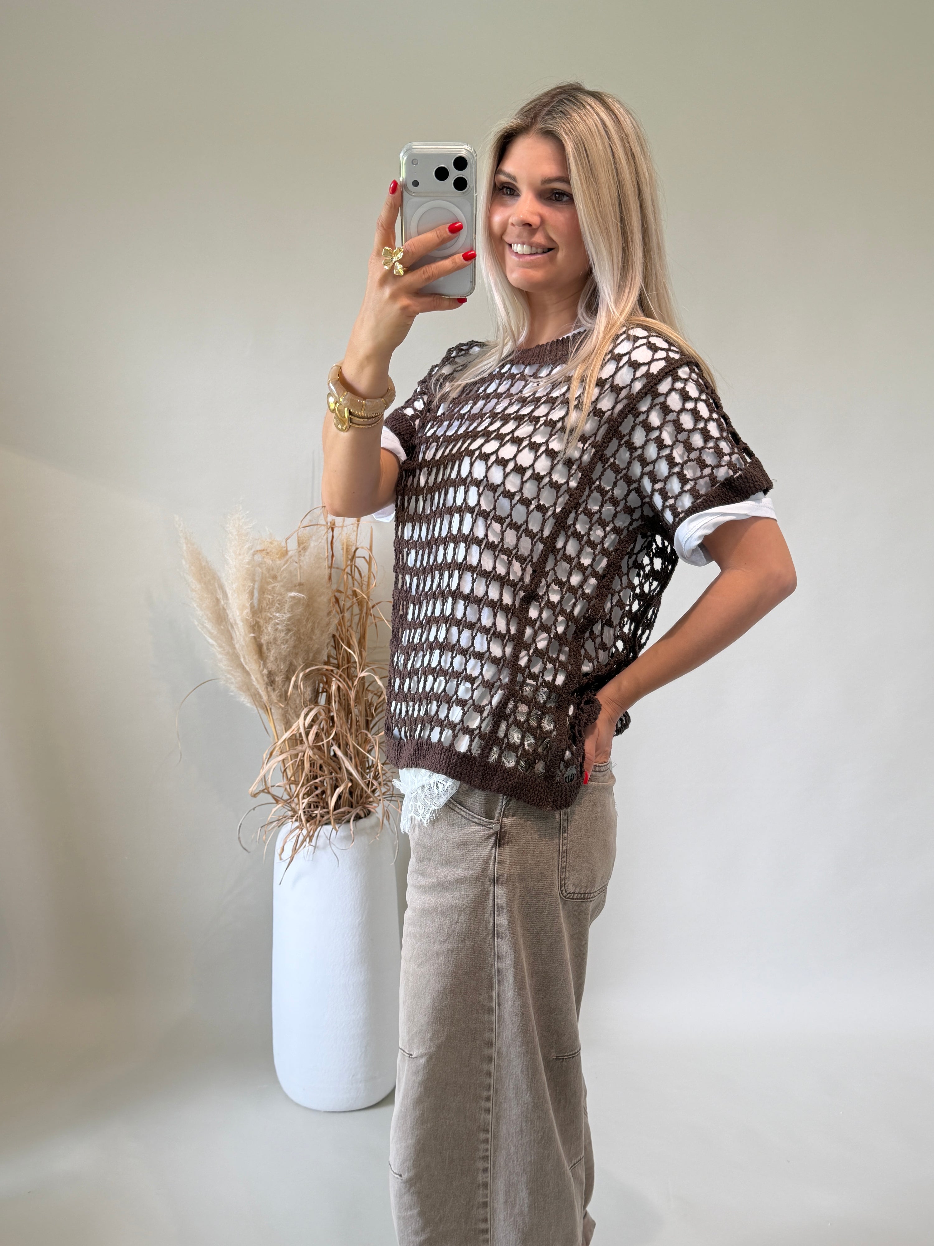 Pullover in Lochoptik in Schokobraun