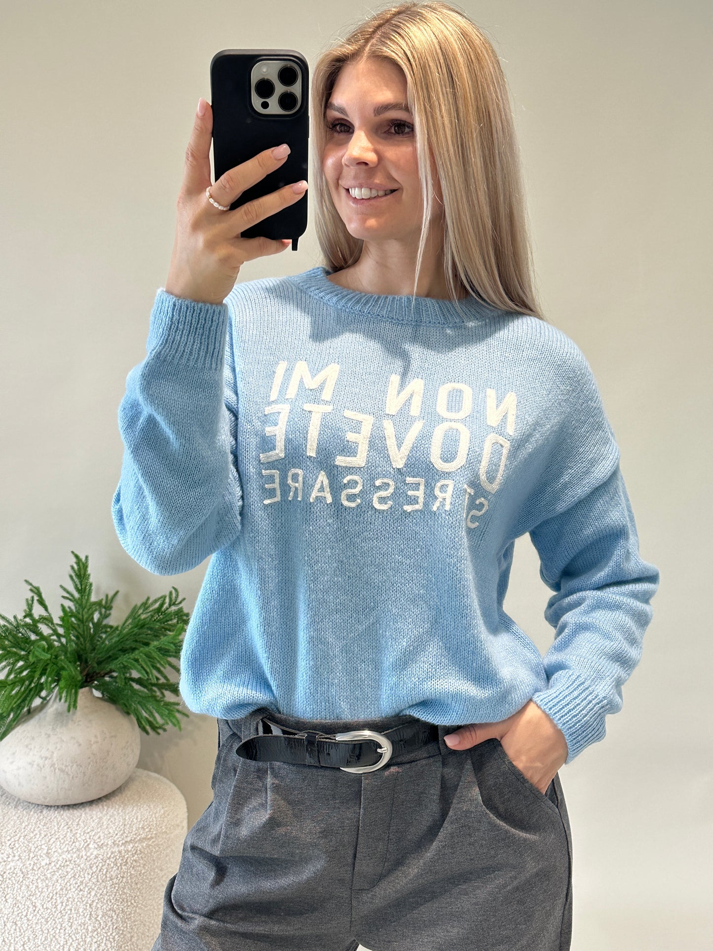 pullover in hellblau mit wollweißer aufschrift ( non mi dovete )