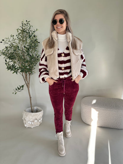 Strickjacke gestreift in Bordeaux/Wollweiß