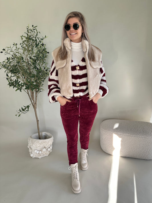 Strickjacke gestreift in Bordeaux/Wollweiß