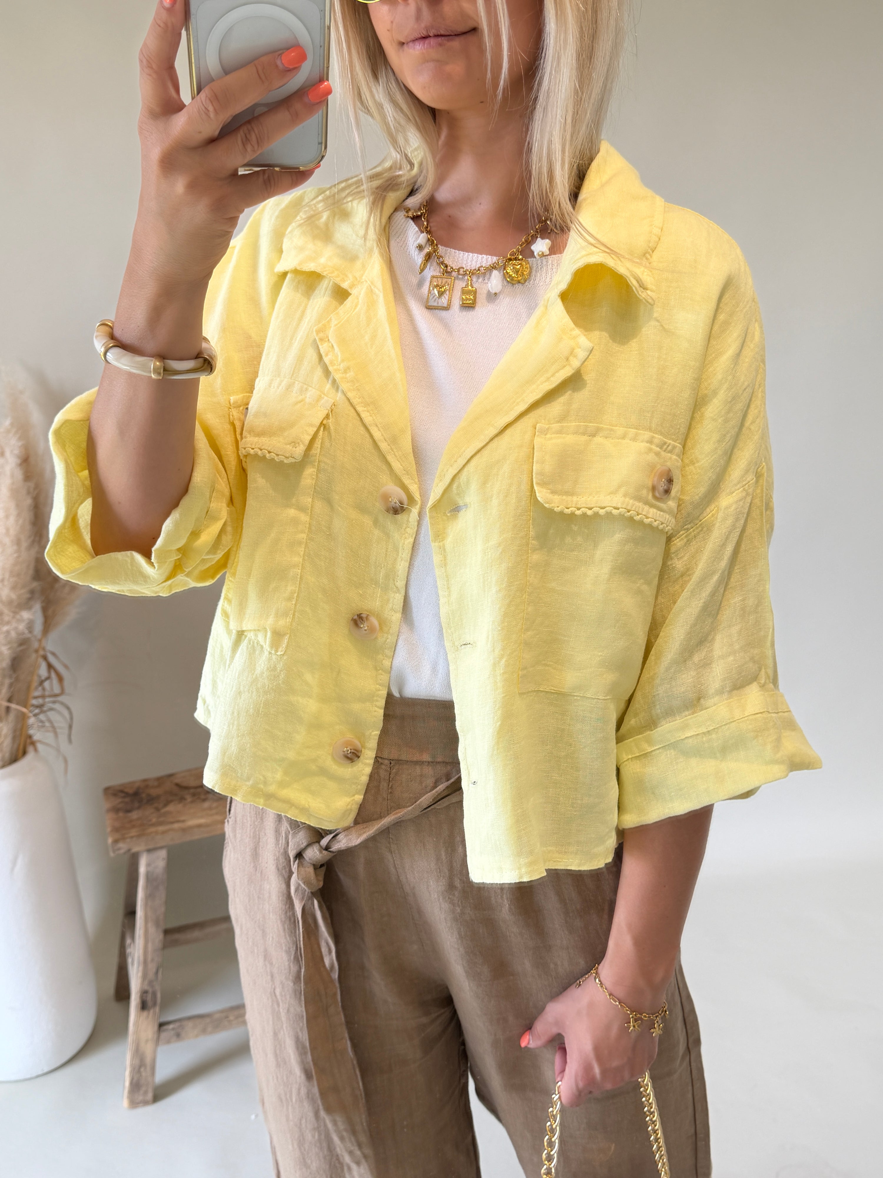 Jacke in Zitronengelb mit Taschen vorne und Spitze