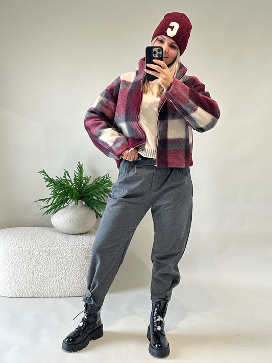 Jacke in Burgundy/Grau/Wollweiß kariert
