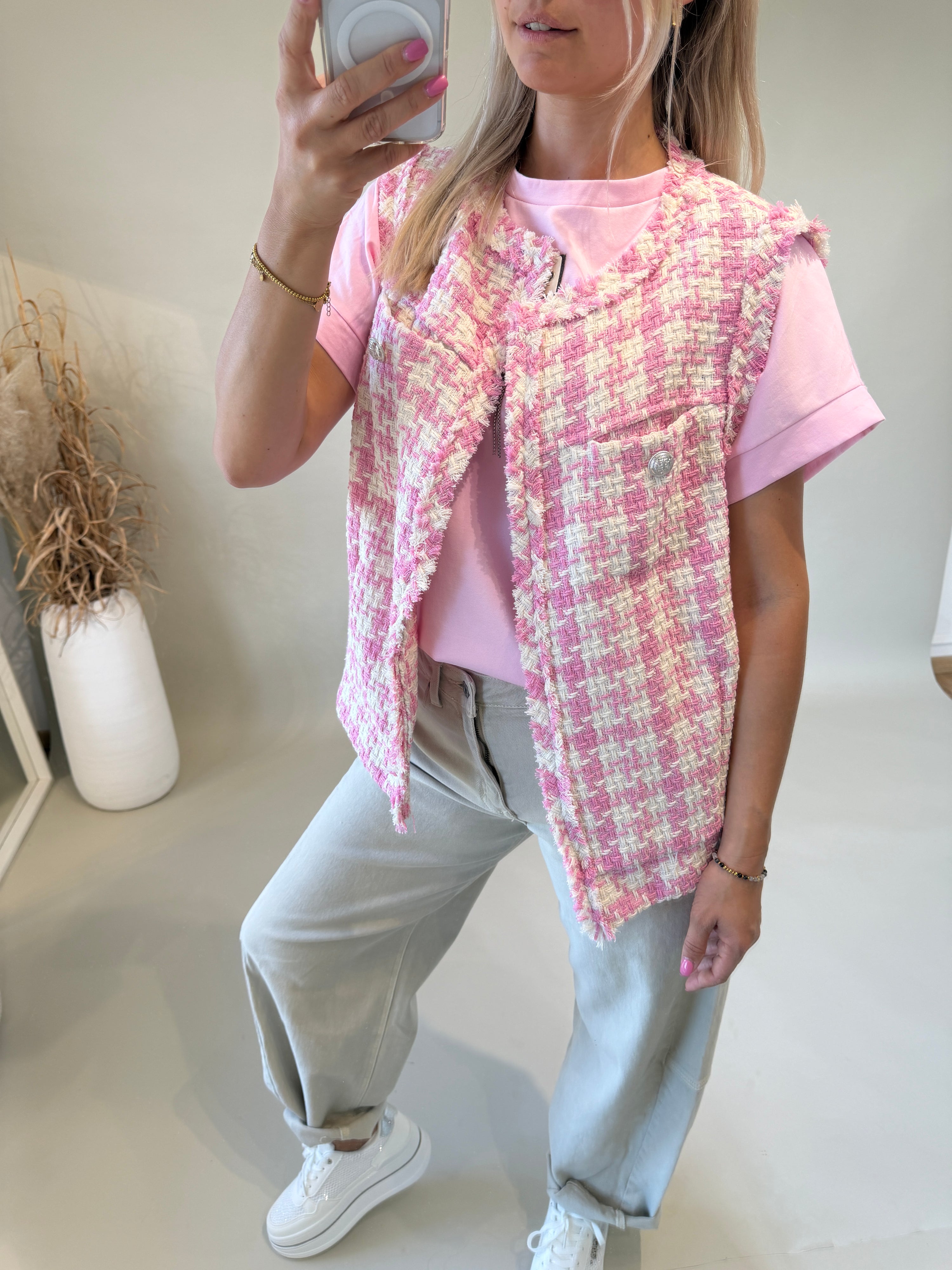 Jacke in Rosa / Beige mit Muster ärmellos